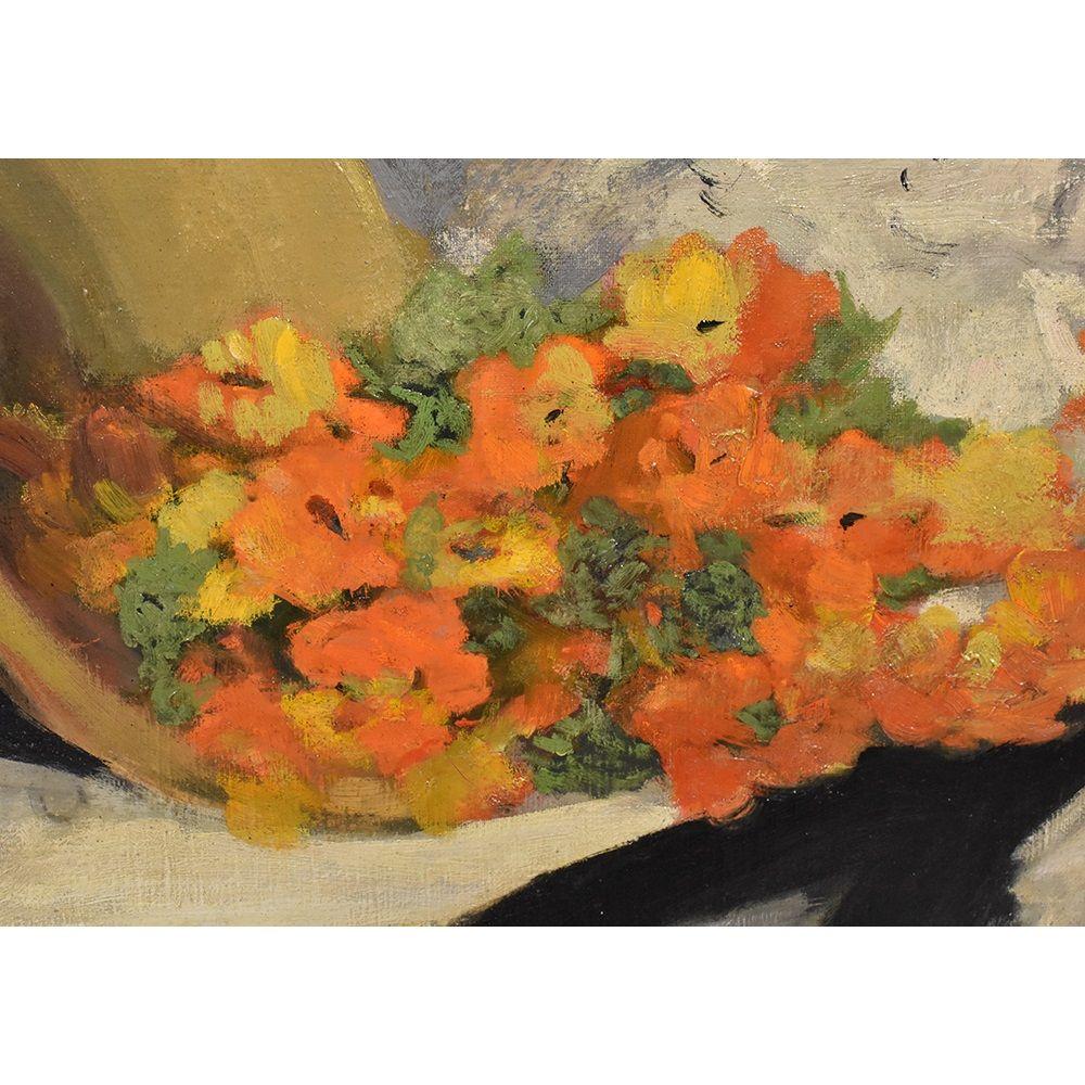 Painted Still Life, Straw Hat and Flowers Painting, Oil on Canvas, Early 20th Century