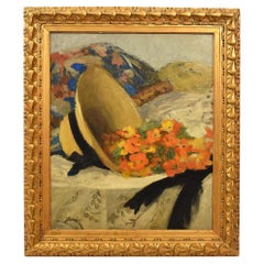 Still Life, Straw Hat and Flowers Painting, Oil on Canvas, Early 20th Century