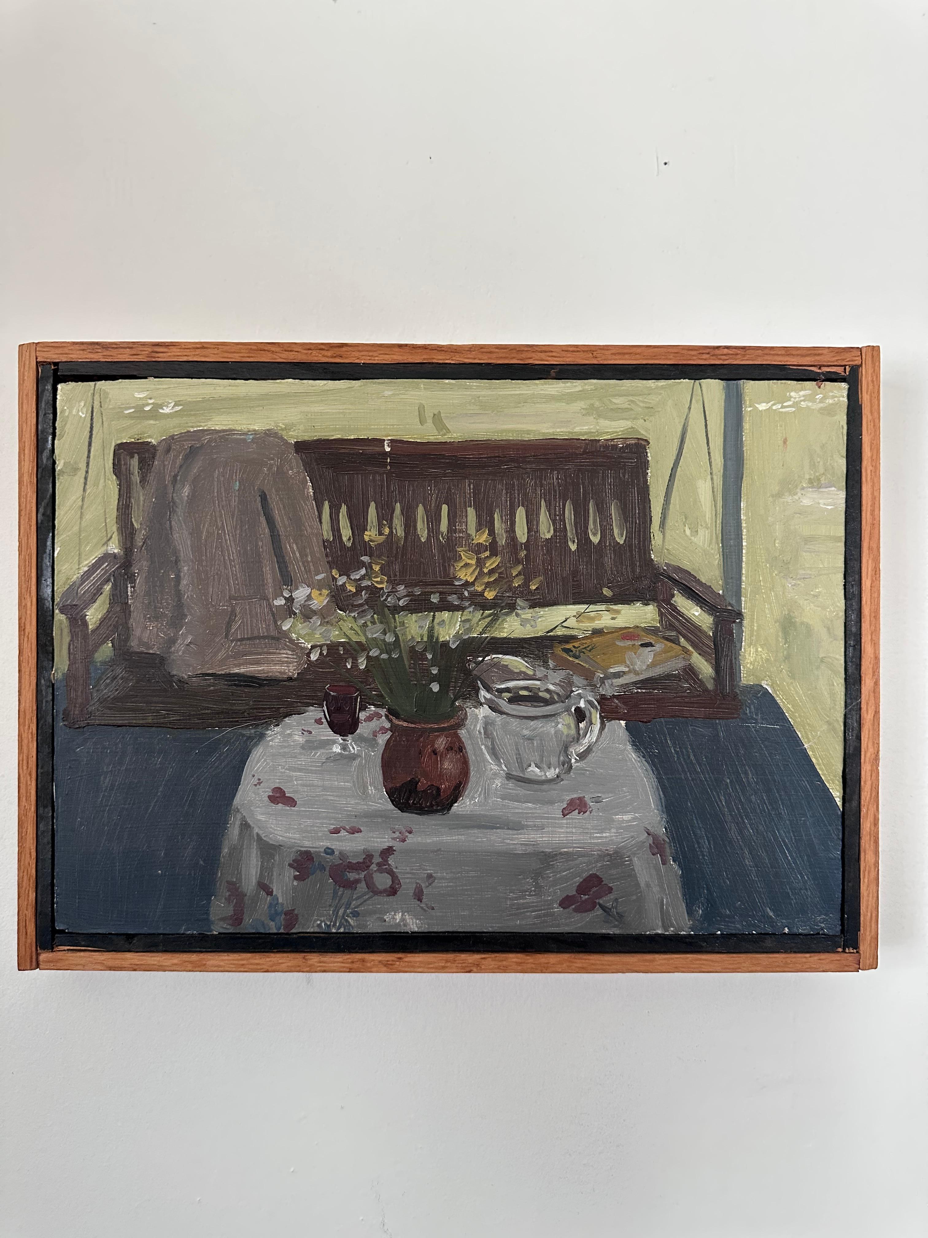 Natura morta con altalena in veranda e tavolo Pittura originale Artista sconosciuto in vendita 1