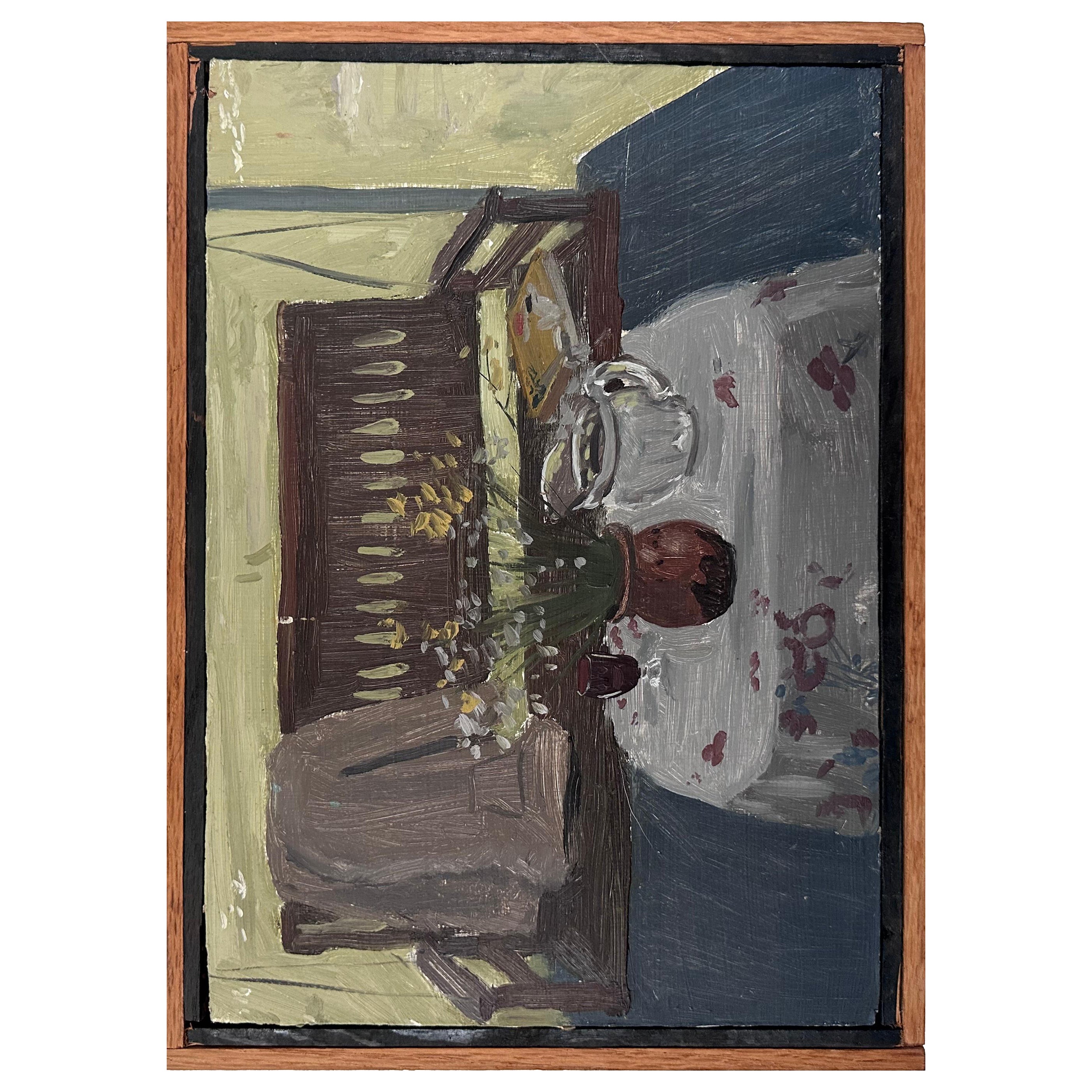 Natura morta con altalena in veranda e tavolo Pittura originale Artista sconosciuto in vendita