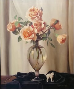 Still Life Vase of Roses and Cat, Bruno Croatto 20th Century Oil Italian Painter