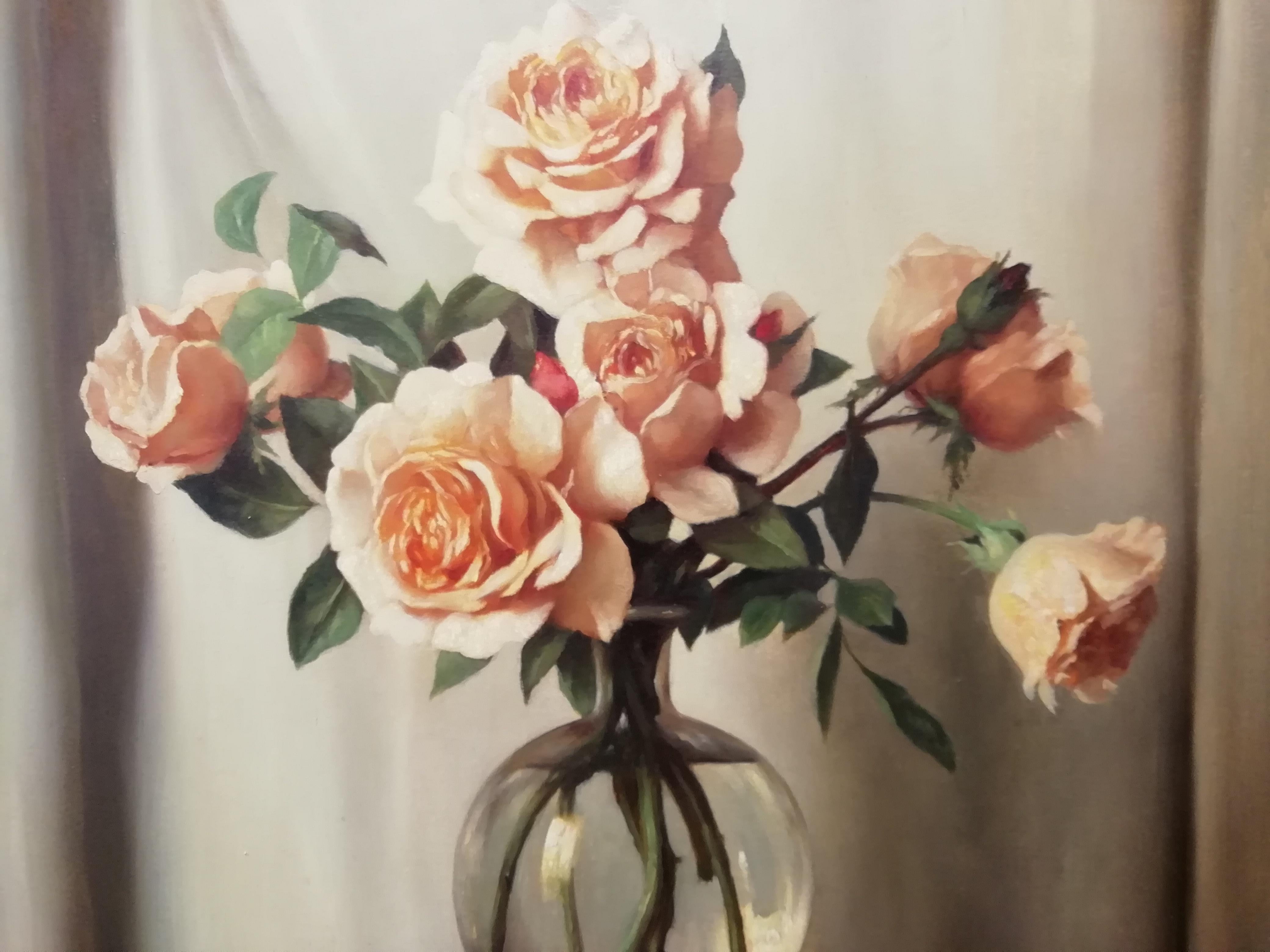 Oiled Still Life Vase of Roses and Cat, Bruno Croatto 20th Century Oil Italian Painter For Sale