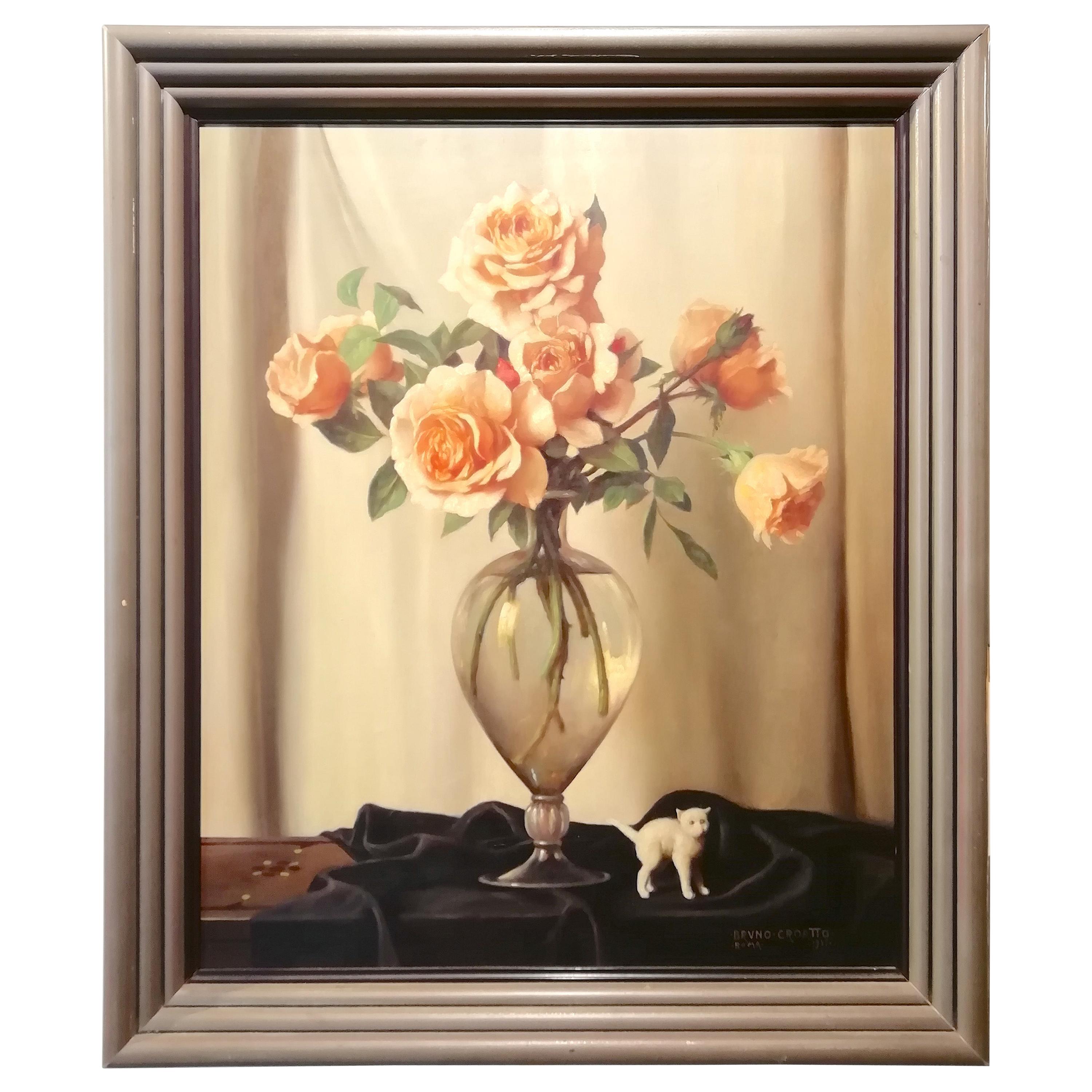 Still Life Vase of Roses and Cat, Bruno Croatto 20th Century Oil Italian Painter For Sale