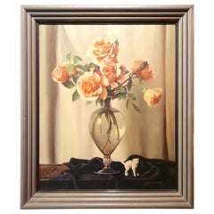 Vintage Still Life Vase of Roses and Cat, Bruno Croatto 20th Century Oil Italian Painter