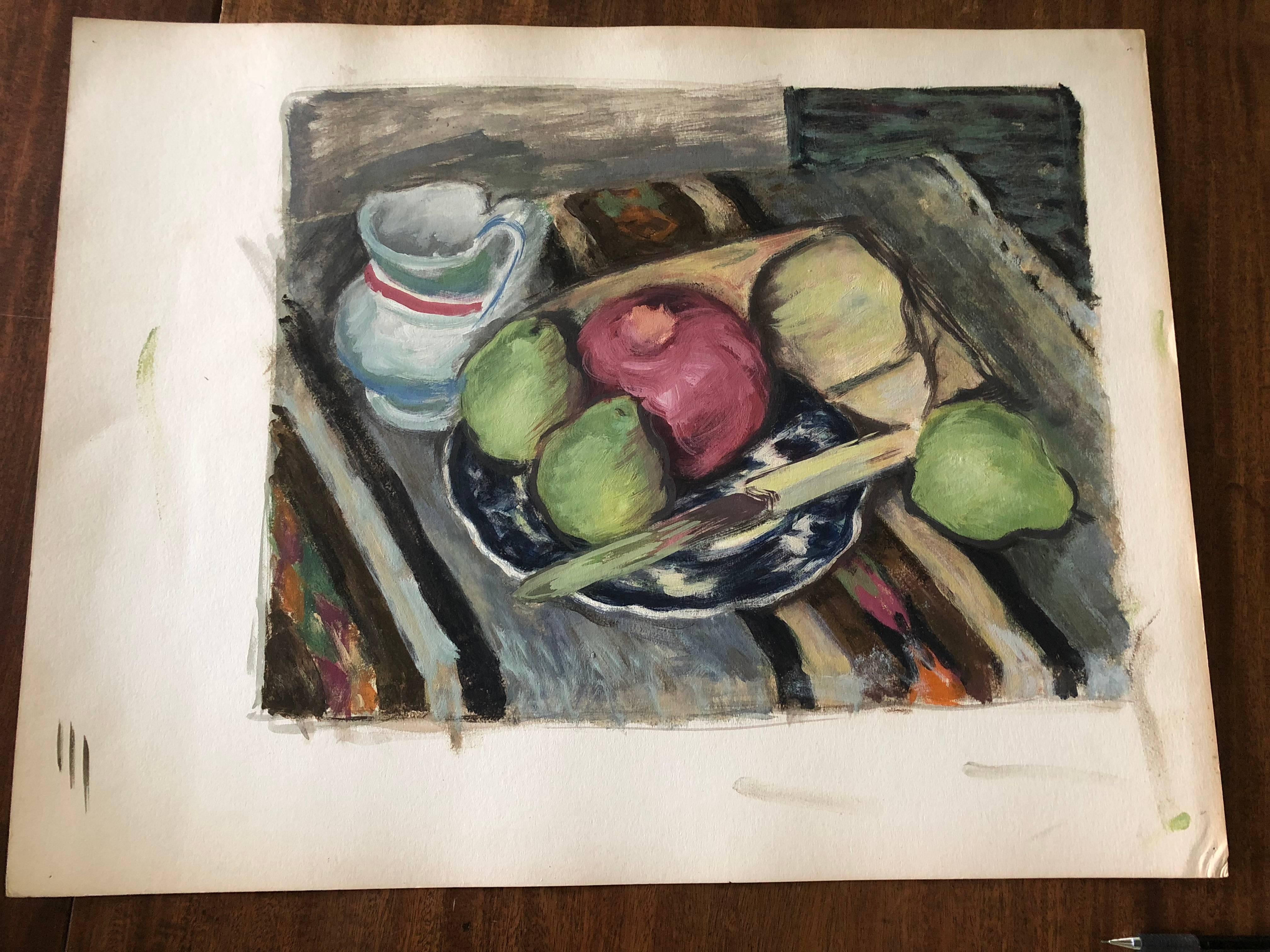 Appealingly painted water of a still life of fruits on a plate. The artist is Wisconsin listed WPA artist Robert Schellin. 1910-1985. The painting is on paper and is estate stamped on the backside. Overall paper size is 20 x 26 inches. The actual