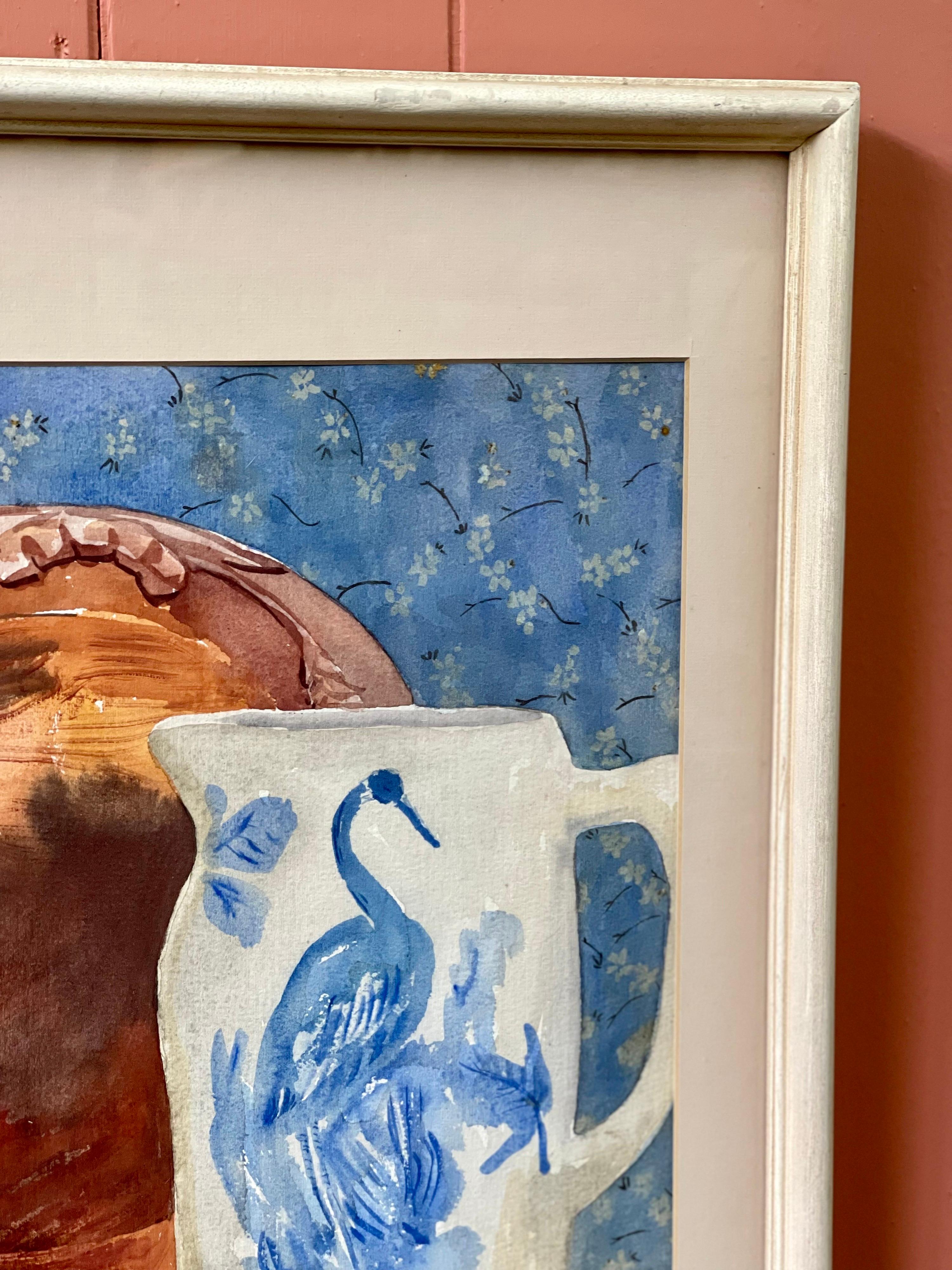20th Century Still Life Watercolor in Blue and White For Sale