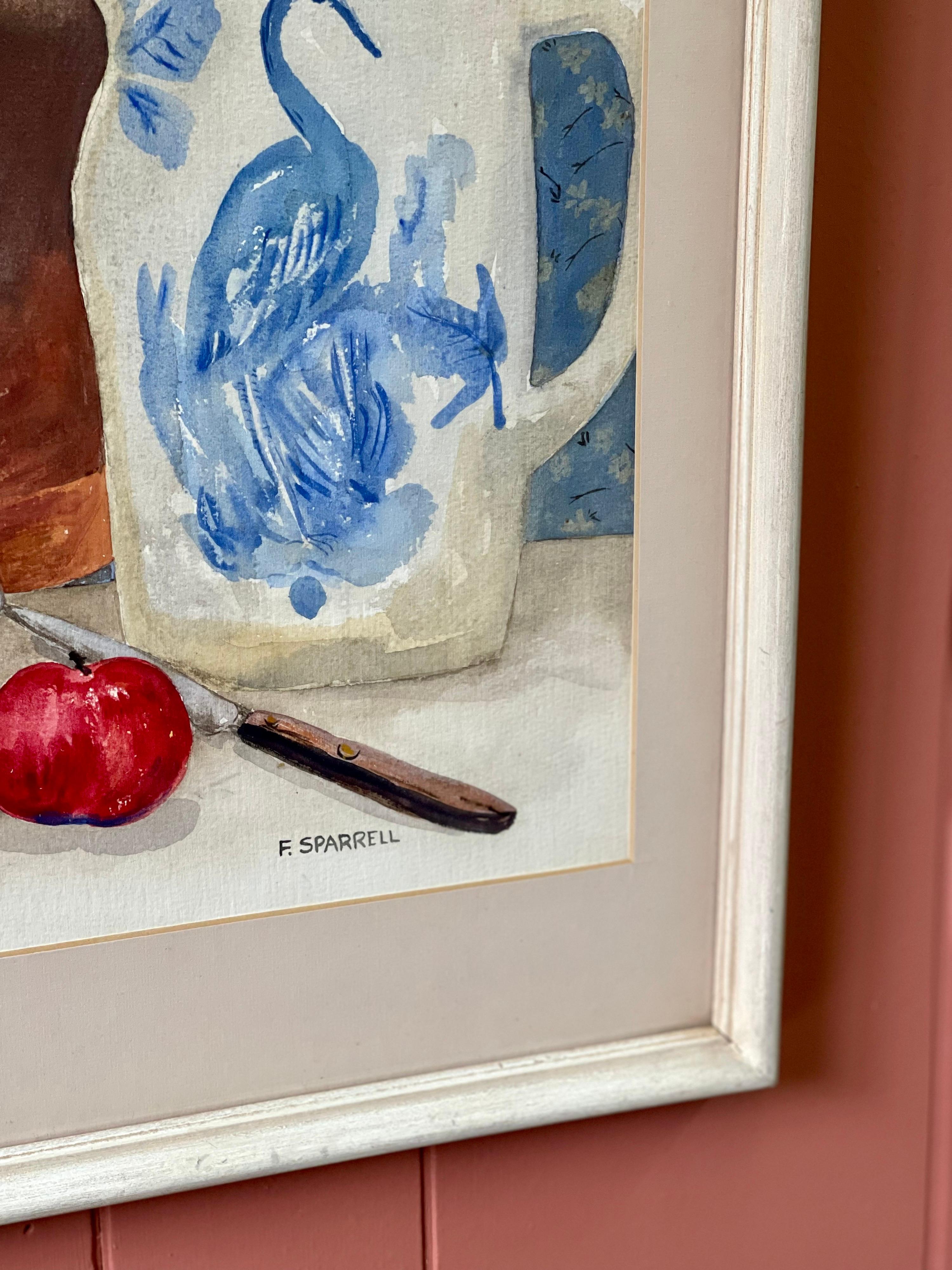 Wood Still Life Watercolor in Blue and White For Sale