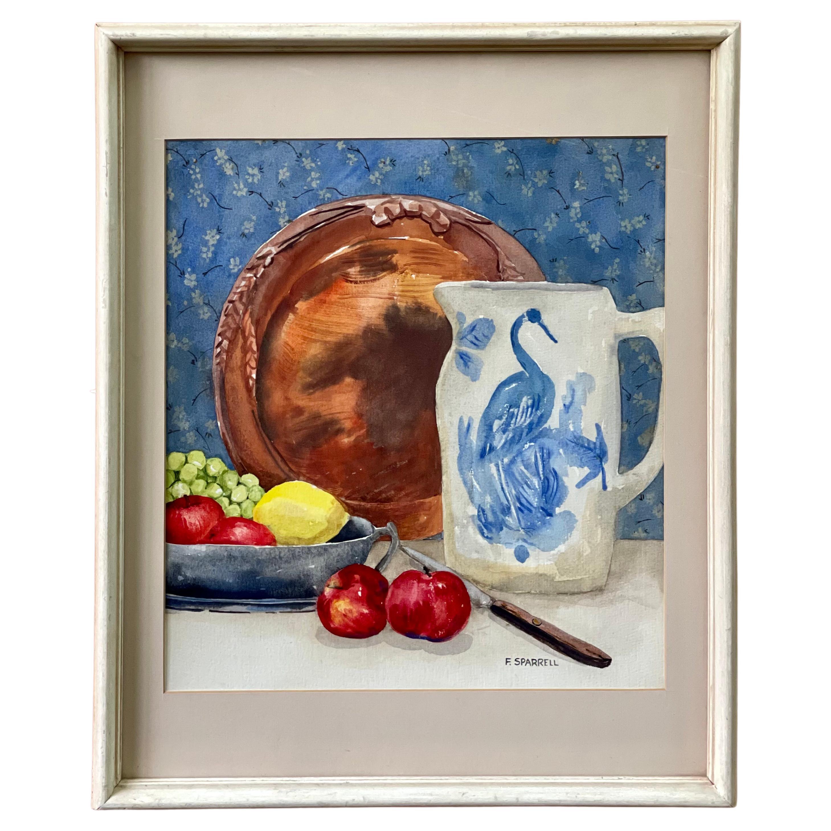 Still Life Watercolor in Blue and White For Sale