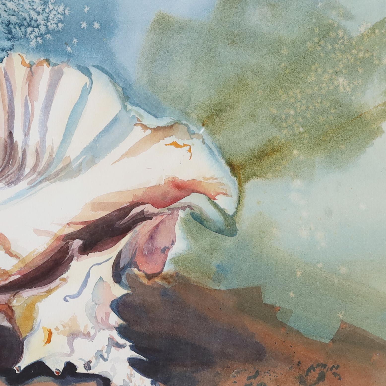 Mid-Century Modern Still Life Watercolor of a Conch Shell For Sale