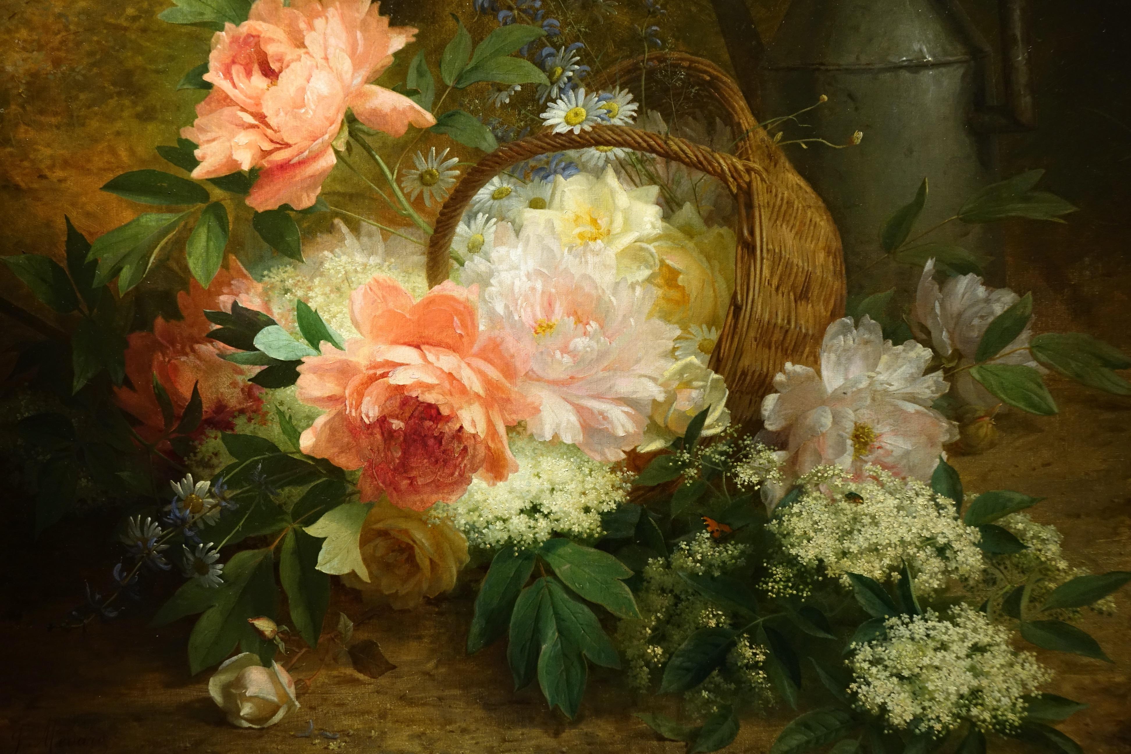 Oil on canvas representing a basket of flowers (peonies, wild flowers, etc.), with a tin watering can in the background.
Signed J. Médard, circa 1890.
Jules Ferdinand MEDARD, painter of flowers, born in Anzin in 1855. French School.

Médard entered