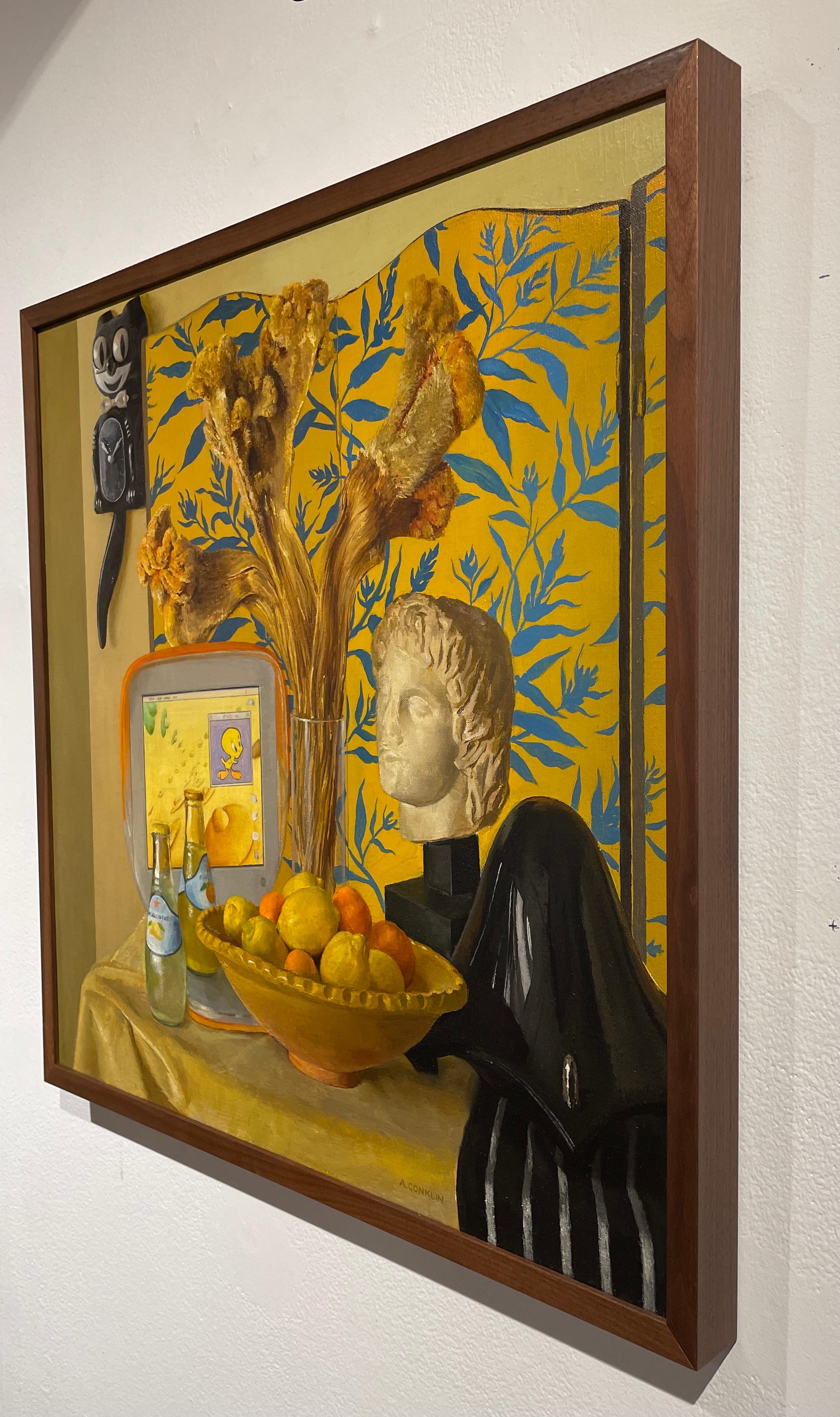 Hand-Painted Contemporary Still Life with Alexander The Great Bust and Orange Apple iBook For Sale