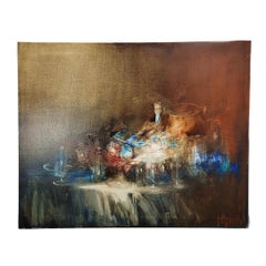 Still life with blue glass jars oil on canvas, contemporary