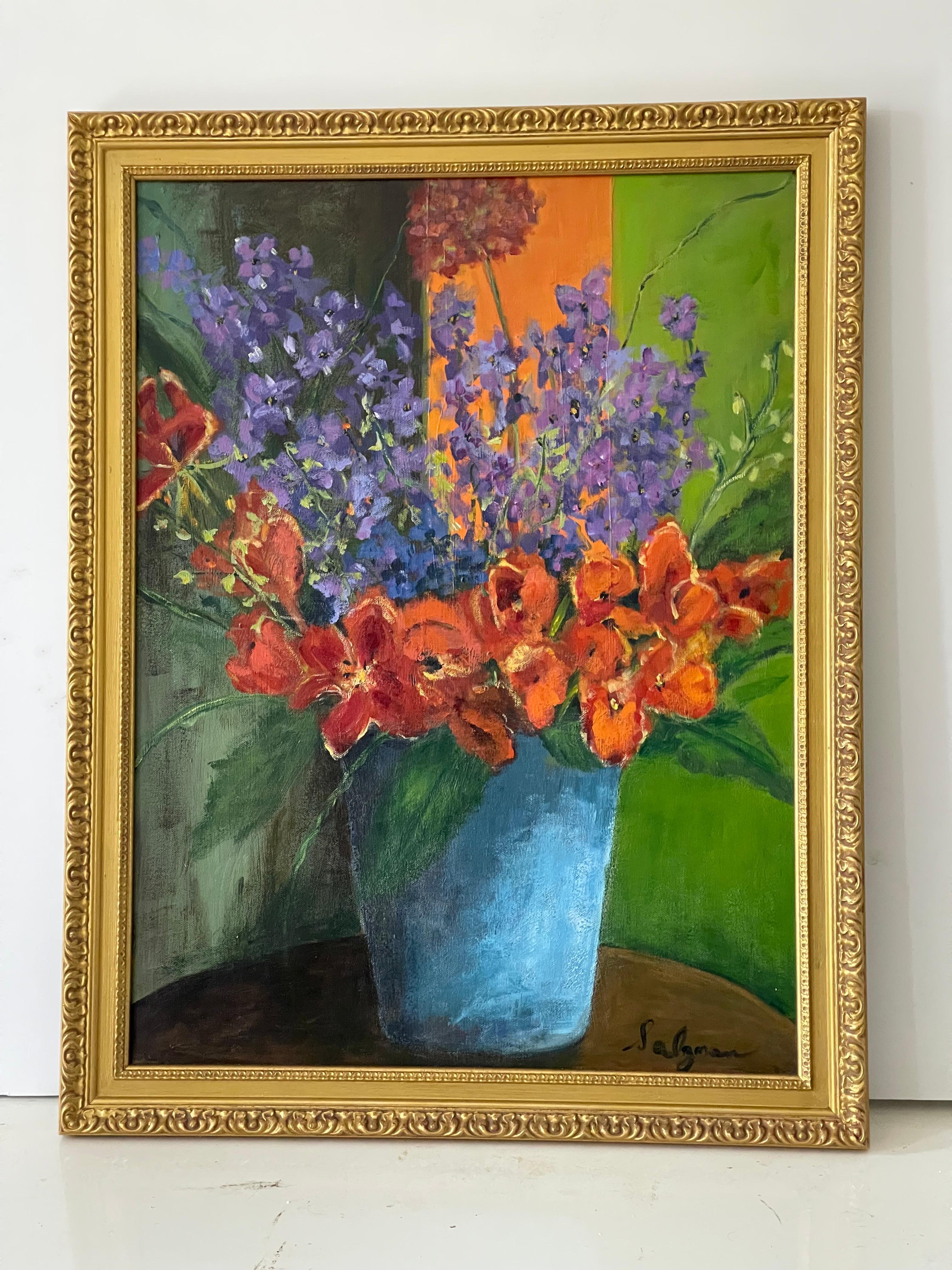 Spektakuläre Stillleben mit Blumen in einer blauen Vase, Öl auf Leinwand Gemälde. Signiert unten rechts Salam. In einem goldfarbenen Rahmen.