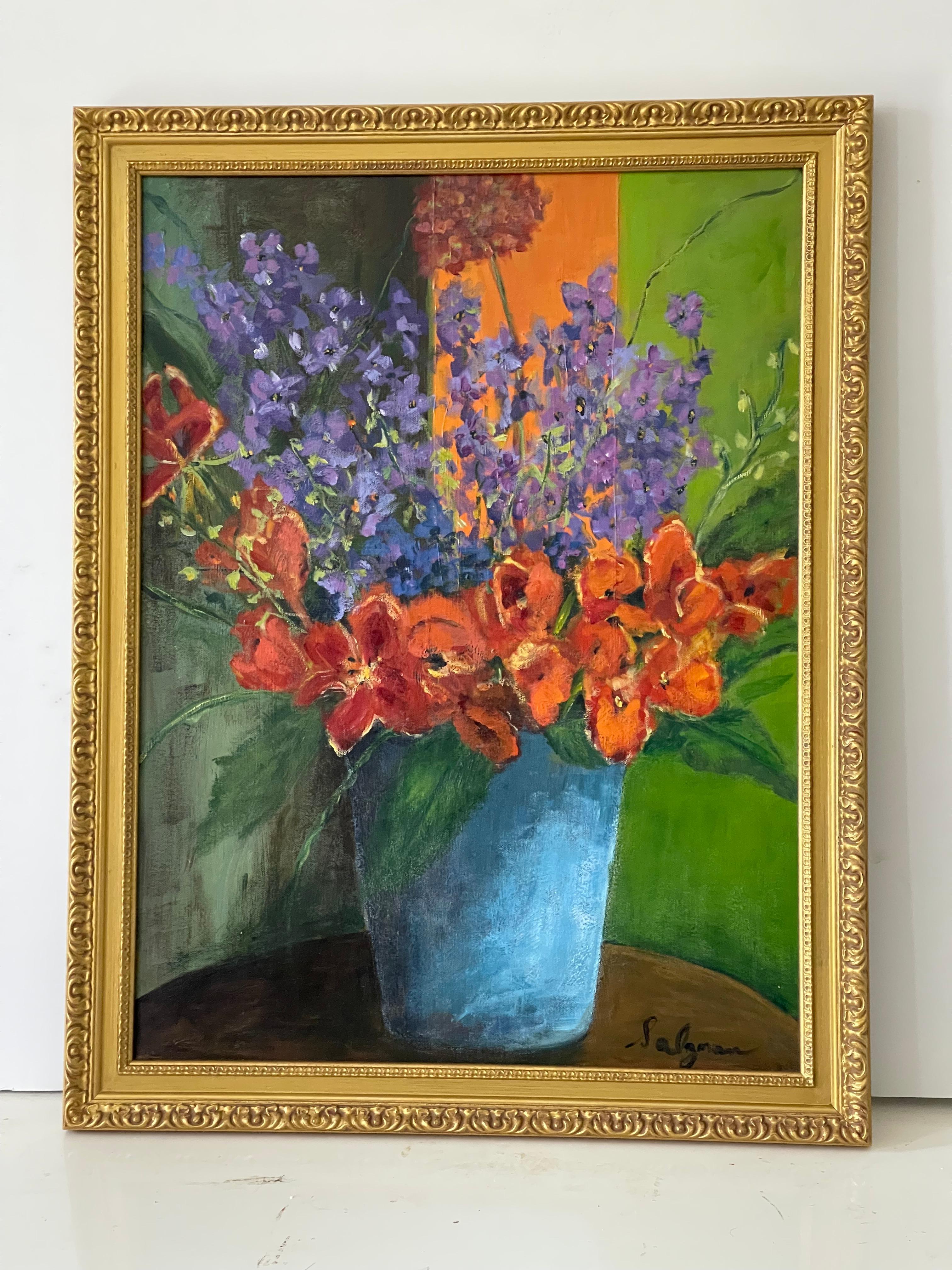 Stillleben mit blauer Vase, signiert Salzman, Gemälde im Zustand „Gut“ im Angebot in Boca Raton, FL