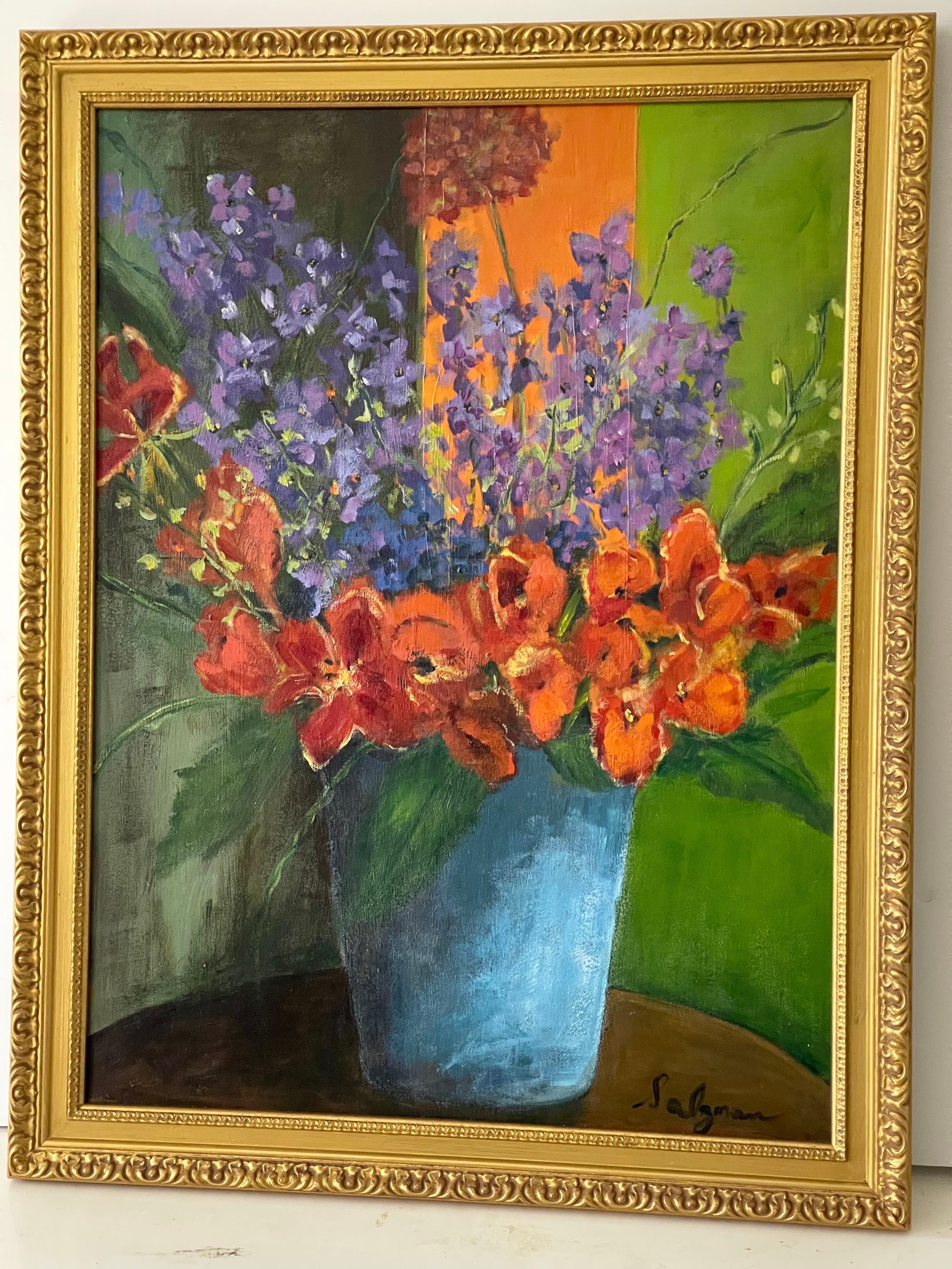 Stillleben mit blauer Vase, signiert Salzman, Gemälde (Leinwand) im Angebot