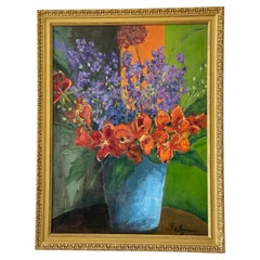 Natura morta con vaso blu firmato Salzman Pittura
