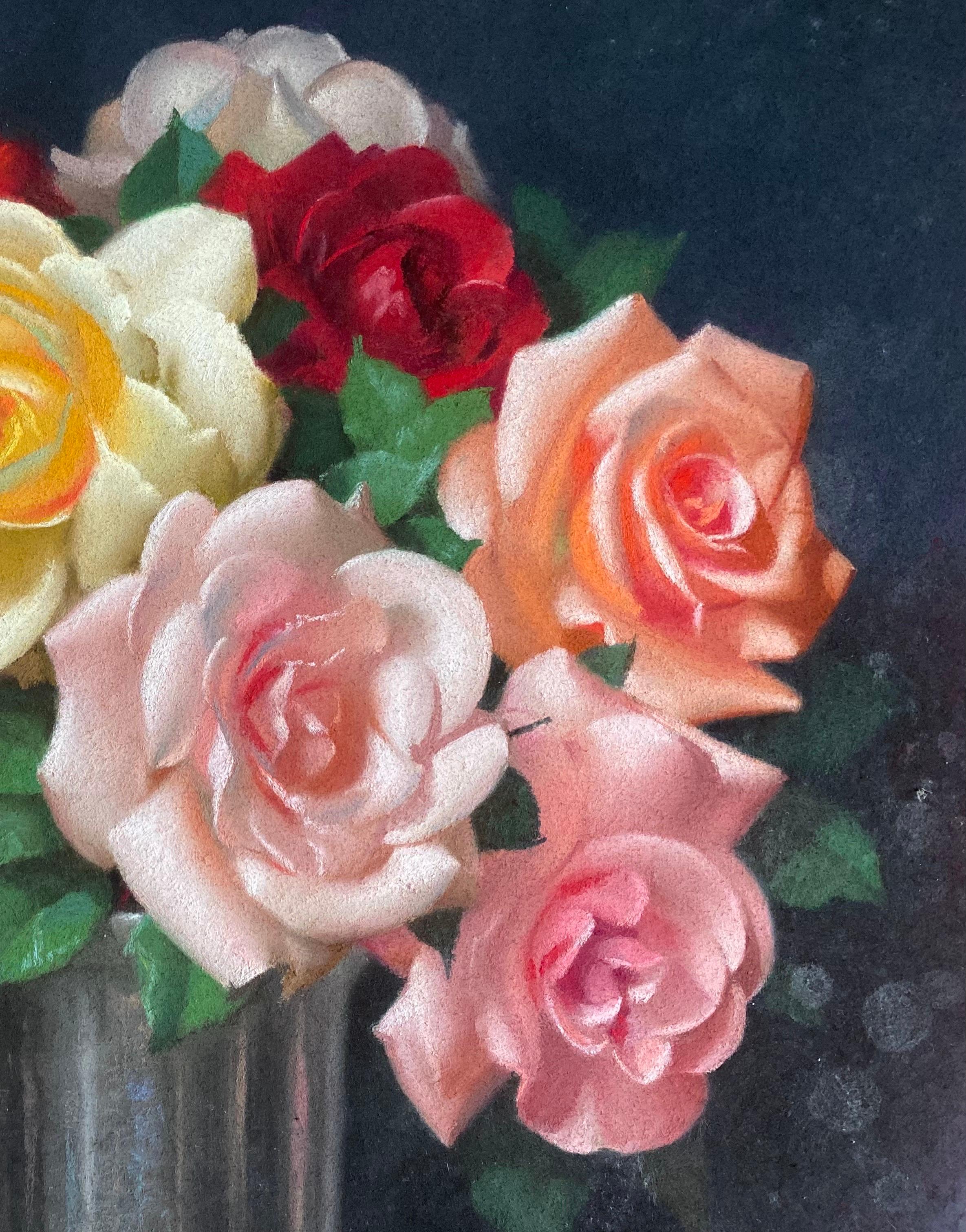 Stilleben mit Rosenstrauß - Pastell von Gaston Albert Lavrillier - CIRCA 1930 (Papier) im Angebot