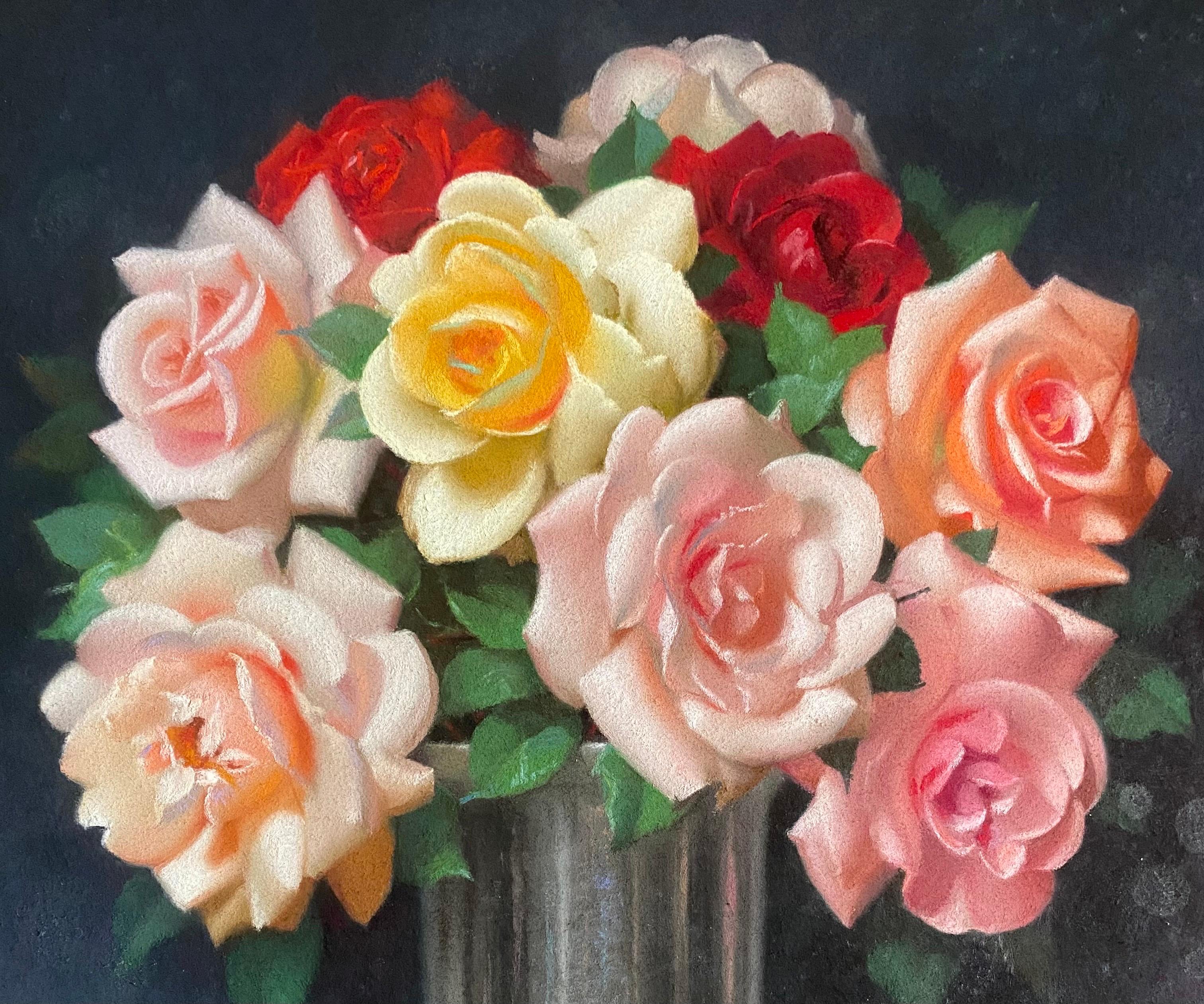 Stilleben mit Rosenstrauß - Pastell von Gaston Albert Lavrillier - CIRCA 1930 im Angebot 1