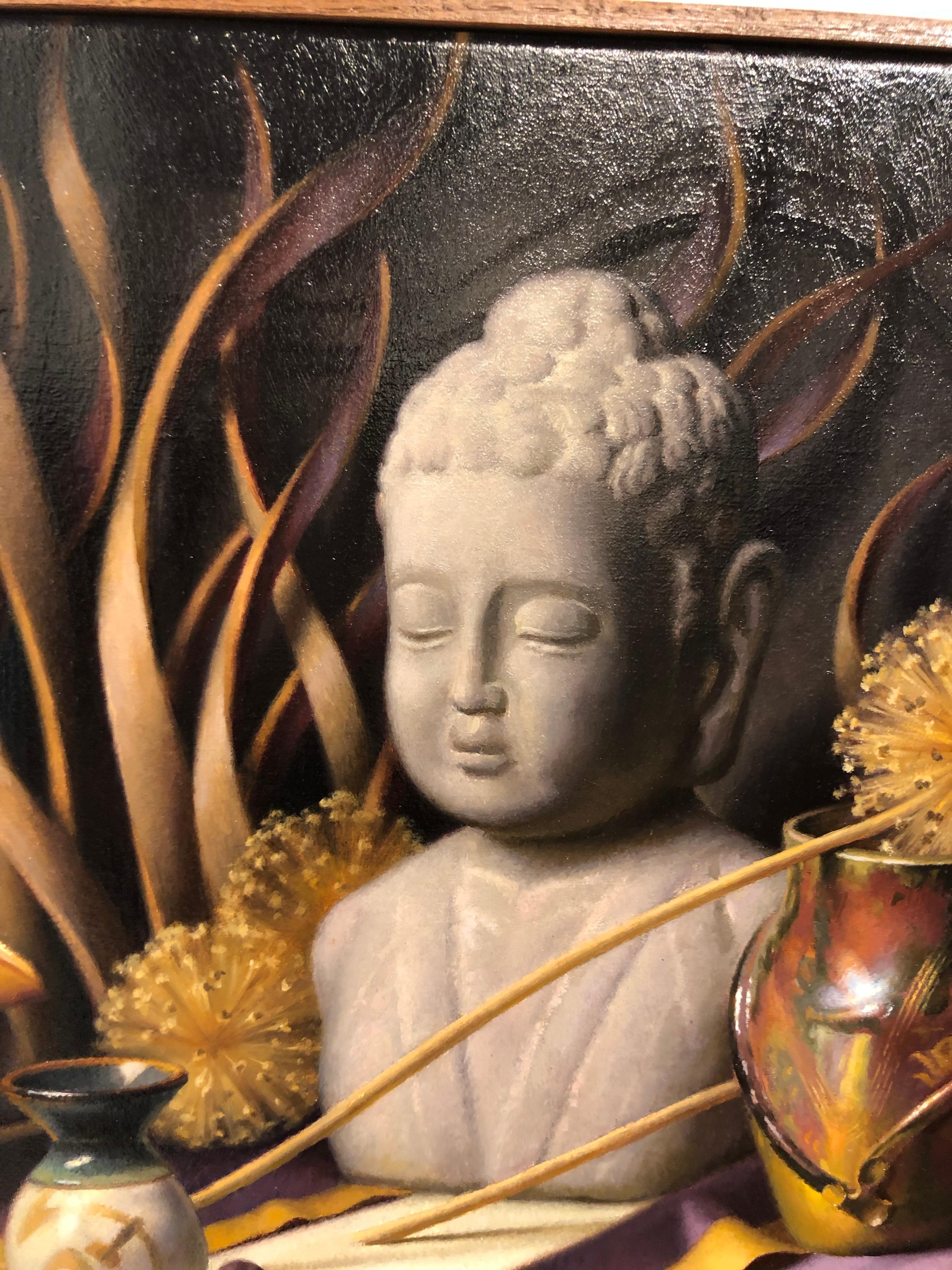 Hand-Painted Still Life with Buddha, Original Oil Painting on Canvas by Michael Chelich