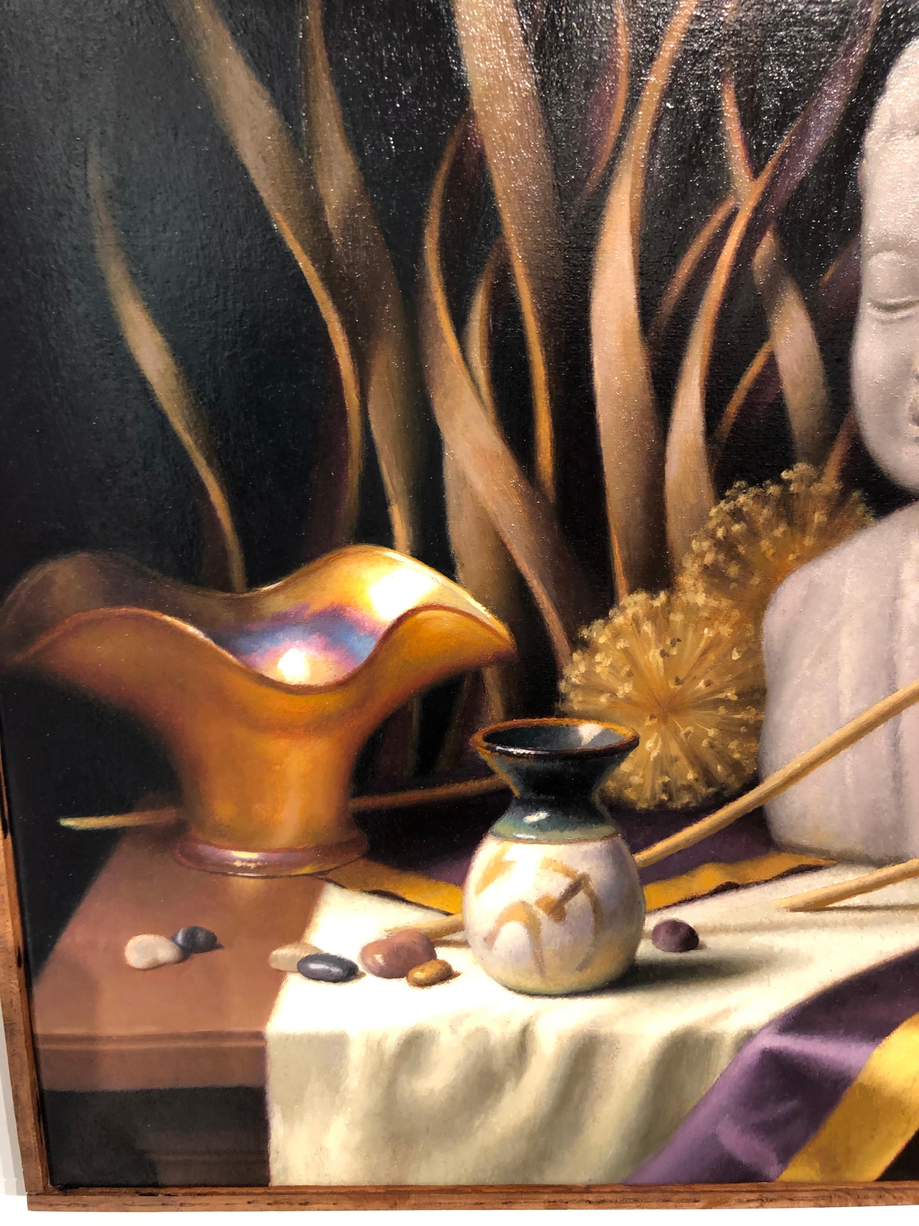 Still Life with Buddha, Original Oil Painting on Canvas by Michael Chelich In New Condition In Chicago, IL