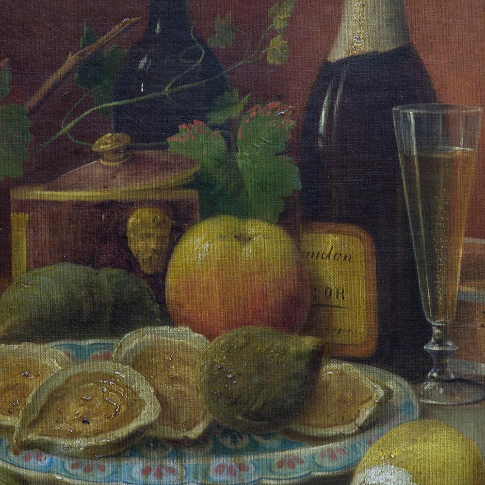 This oil on canvas calls to mind Old Dutch Master works with its luxurious subject matter. Setting a scene of opulence a platter of shucked oysters, a flute of champagne, and the spiral peeled lemon are all Classic elements of a lush 17th century