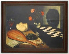 Still Life with Chessboard, Hand-Painted Canvas in Louis XV Style