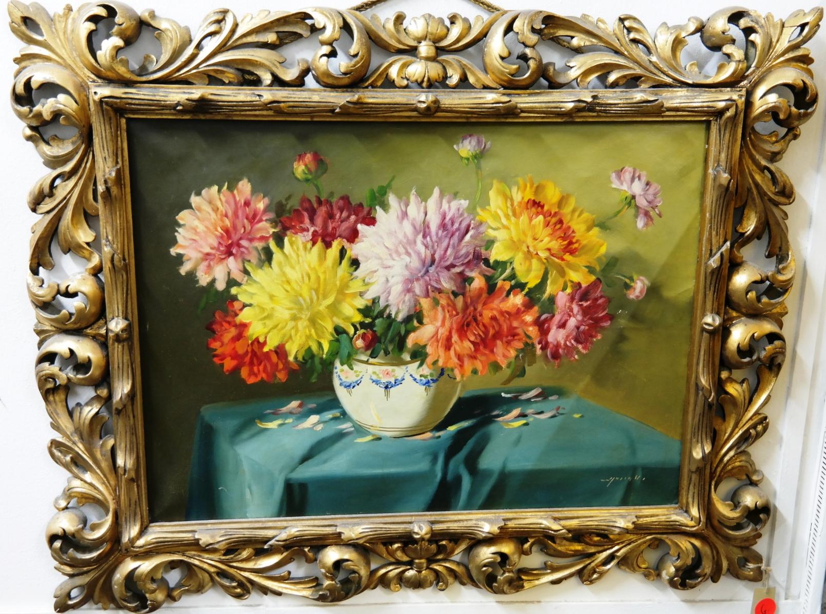 Mid-20th Century Still Life with Chrysanthemum Flowers in Florentin Frame by Vilmos Murin, 1930's