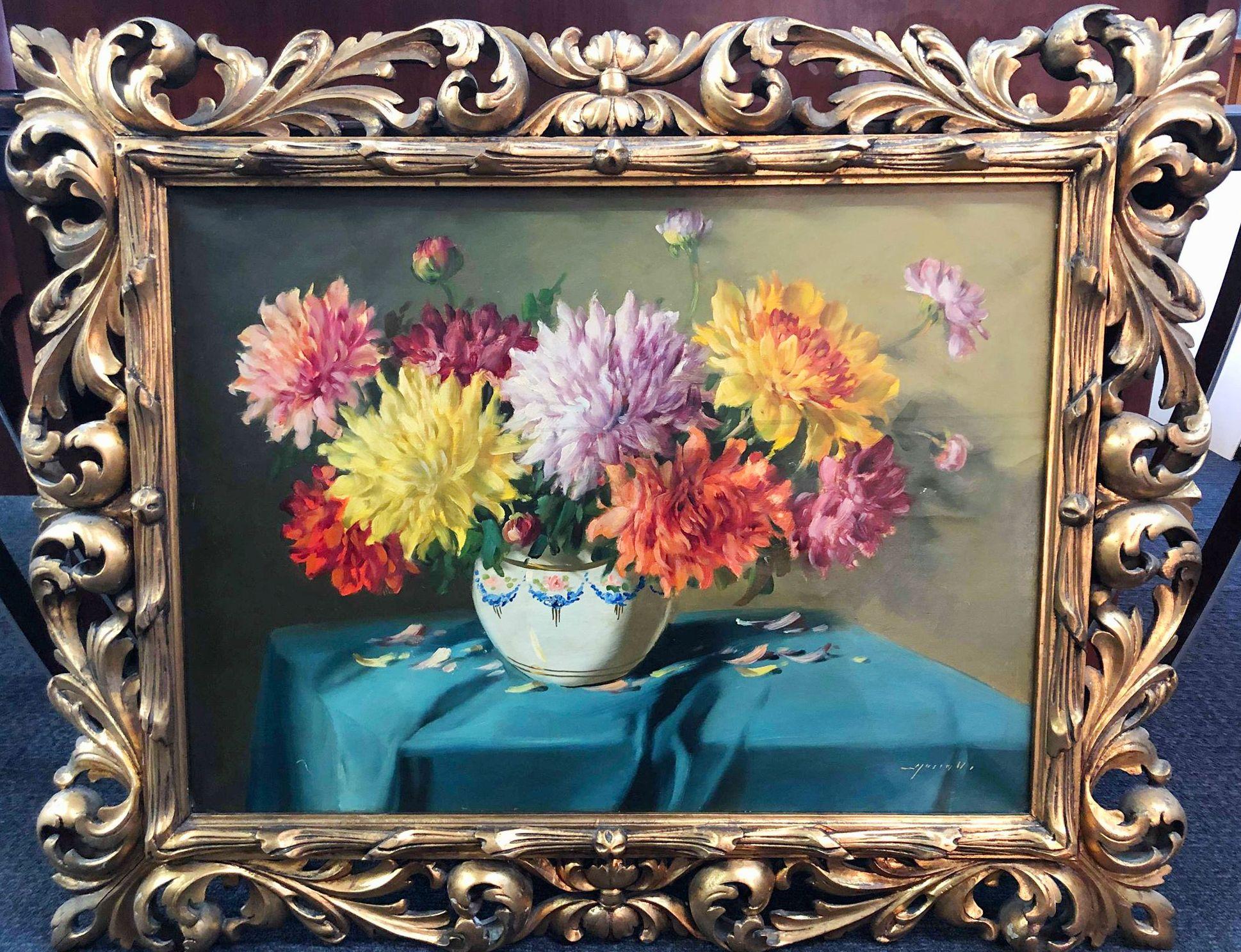 Canvas Still Life with Chrysanthemum Flowers in Florentin Frame by Vilmos Murin, 1930's