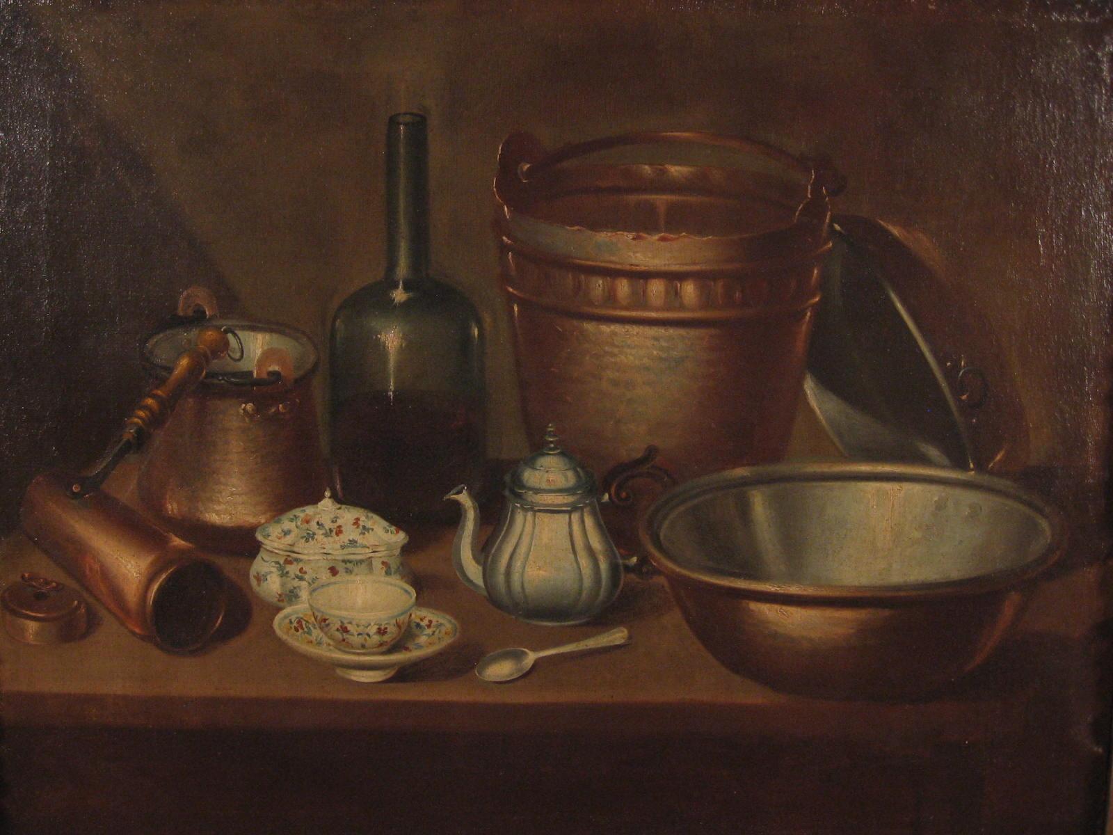 Still life with copper crockery, bottle and majolica.

Emilian school, 18th century

On the top of a table there are some copper crockery for daily use, an excellently painted glass bottle, some majolica, a spoon and a pewter coffee pot.
The