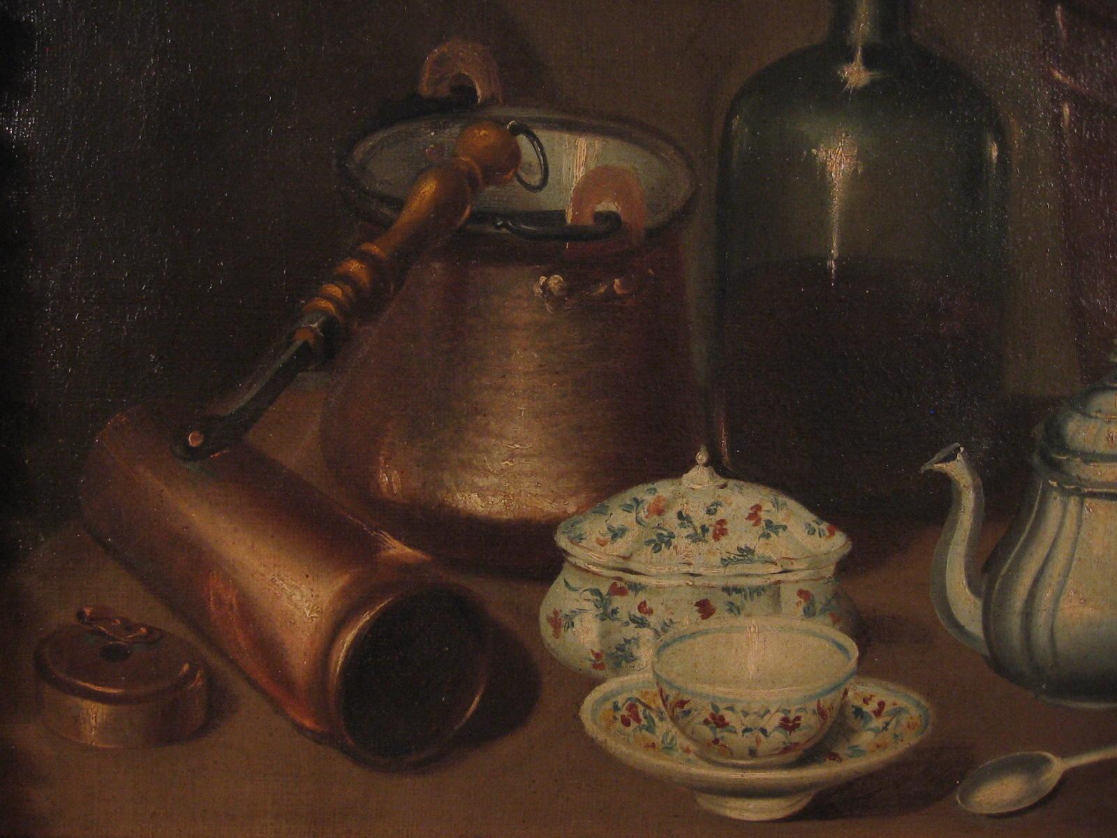 Louis XVI Antique Still Life painting  with Copper Crockery, Bottle and Majolica For Sale