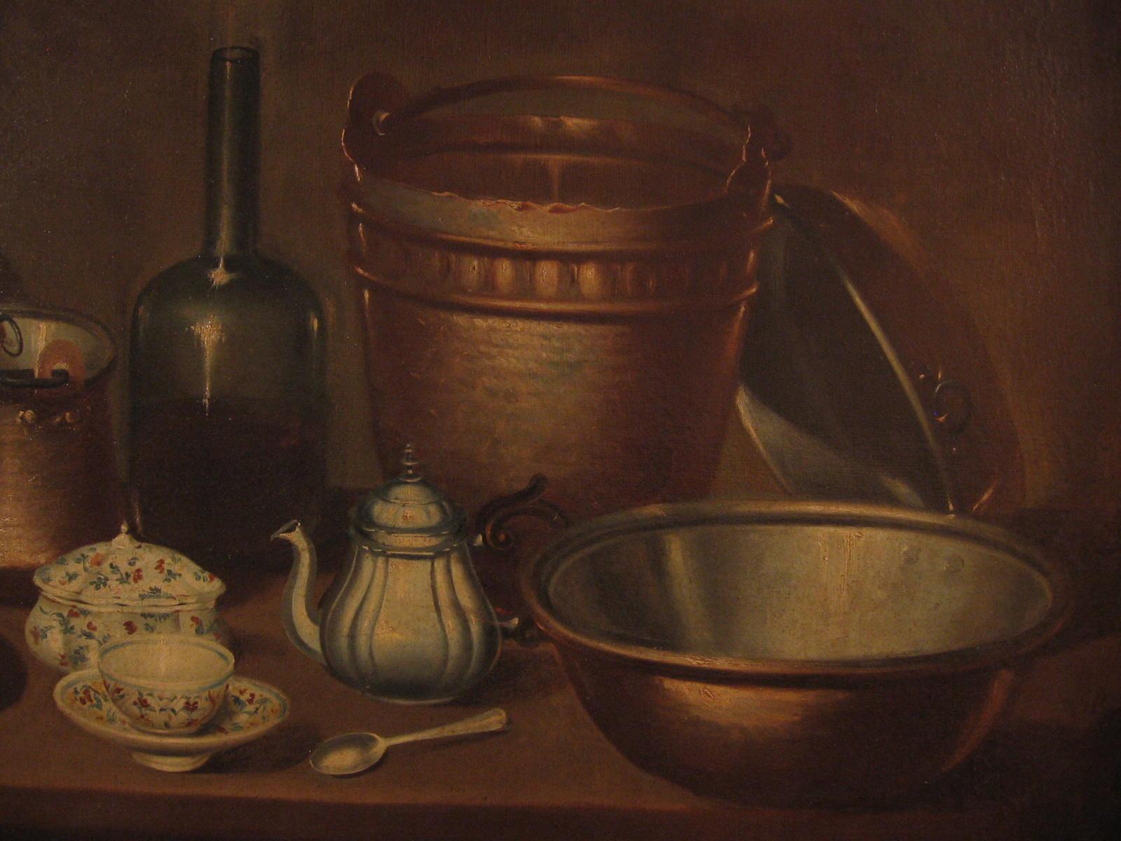 Painted Antique Still Life painting  with Copper Crockery, Bottle and Majolica For Sale