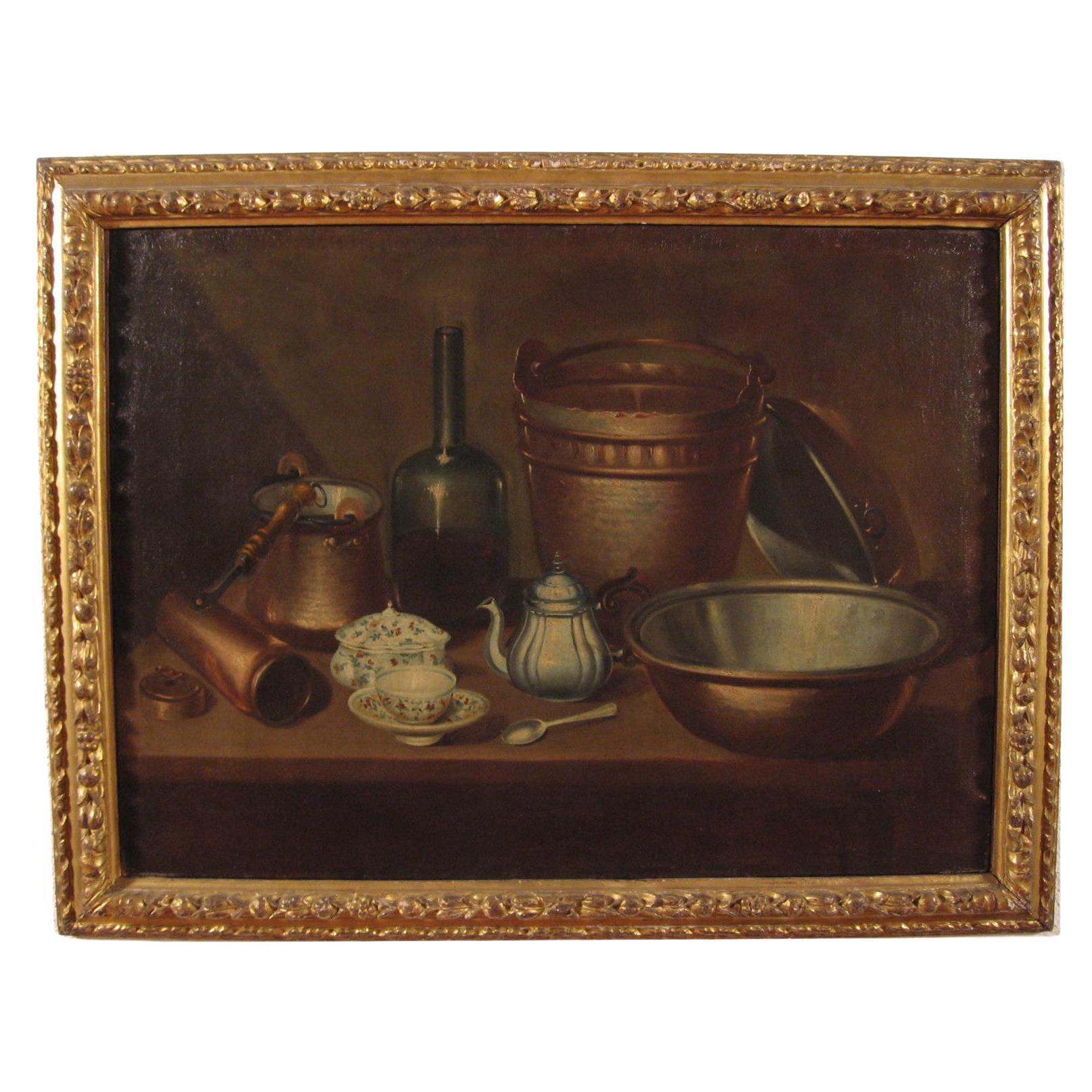 Antique Still Life painting  with Copper Crockery, Bottle and Majolica For Sale