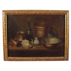 Antique Still Life painting  with Copper Crockery, Bottle and Majolica