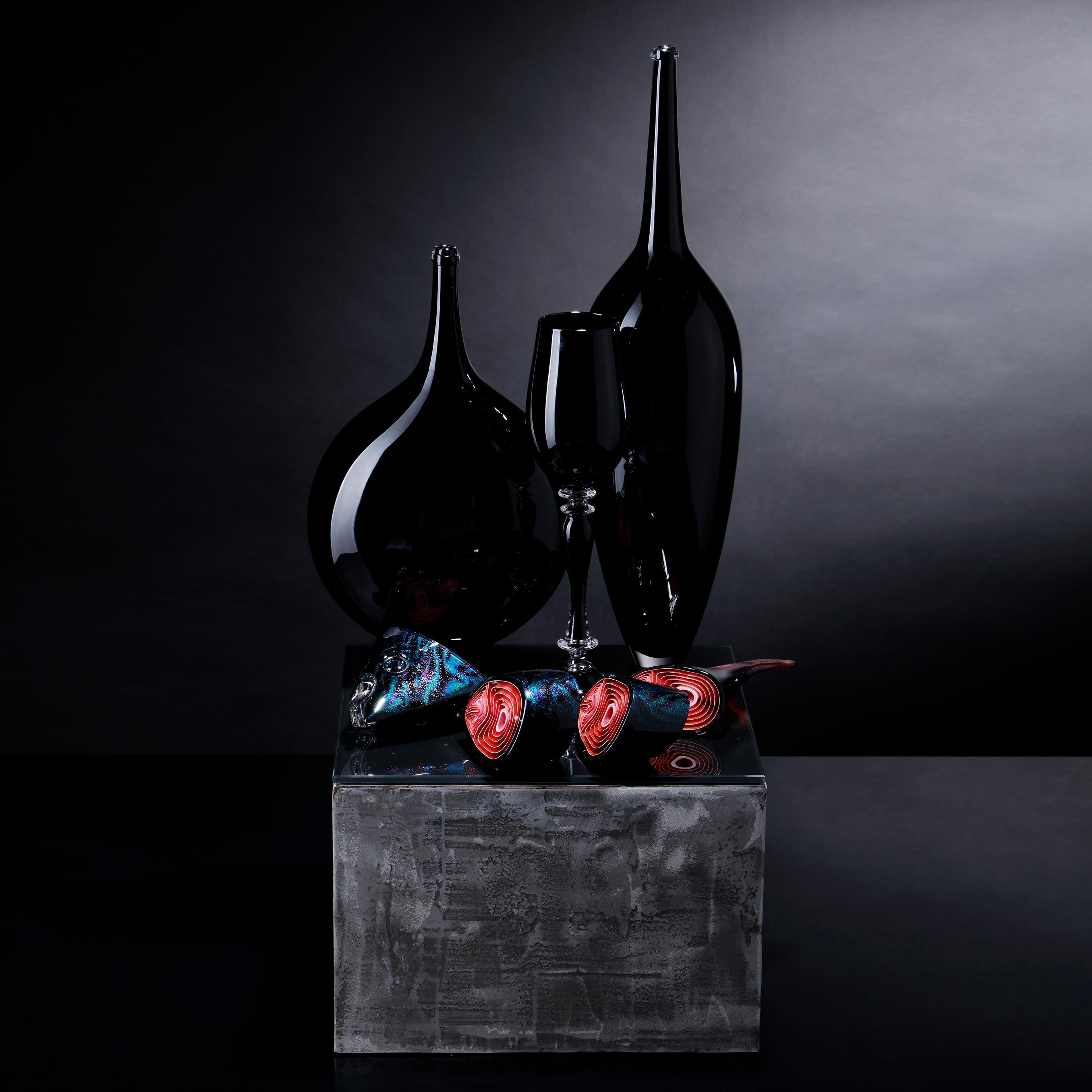 Hand-Crafted Still Life with Fish, a Black and Red Glass Still Life Art Work by Elliot Walker