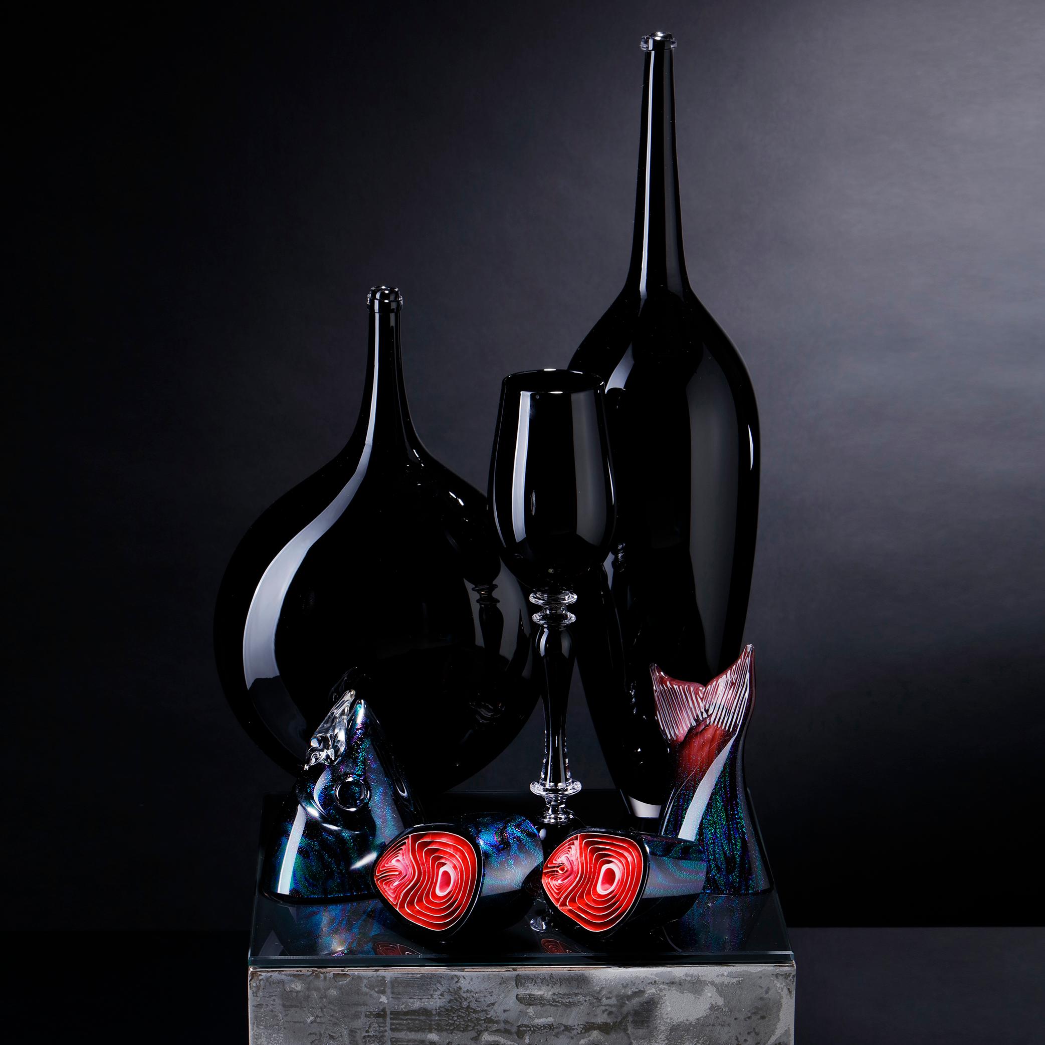 Contemporary Still Life with Fish, a Black and Red Glass Still Life Art Work by Elliot Walker
