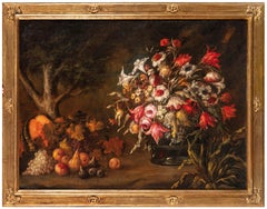 Natura morta con fiori e frutta, olio su tela, cerchia di Aniello Ascione