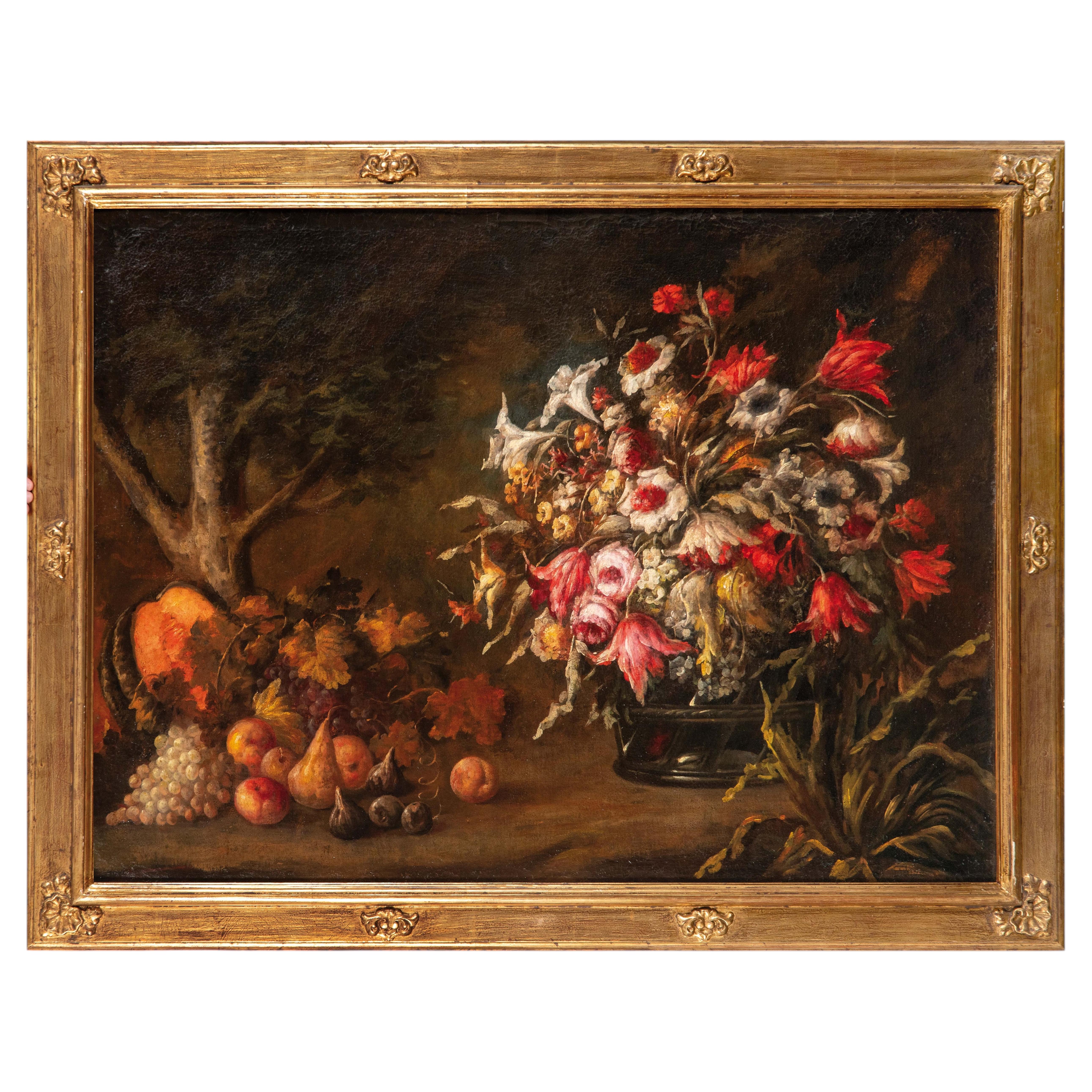 Stillleben mit Blumen und Früchten, Öl auf Leinwand, aus dem Umfeld von Aniello Ascione