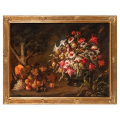 Natura morta con fiori e frutta, olio su tela, cerchia di Aniello Ascione