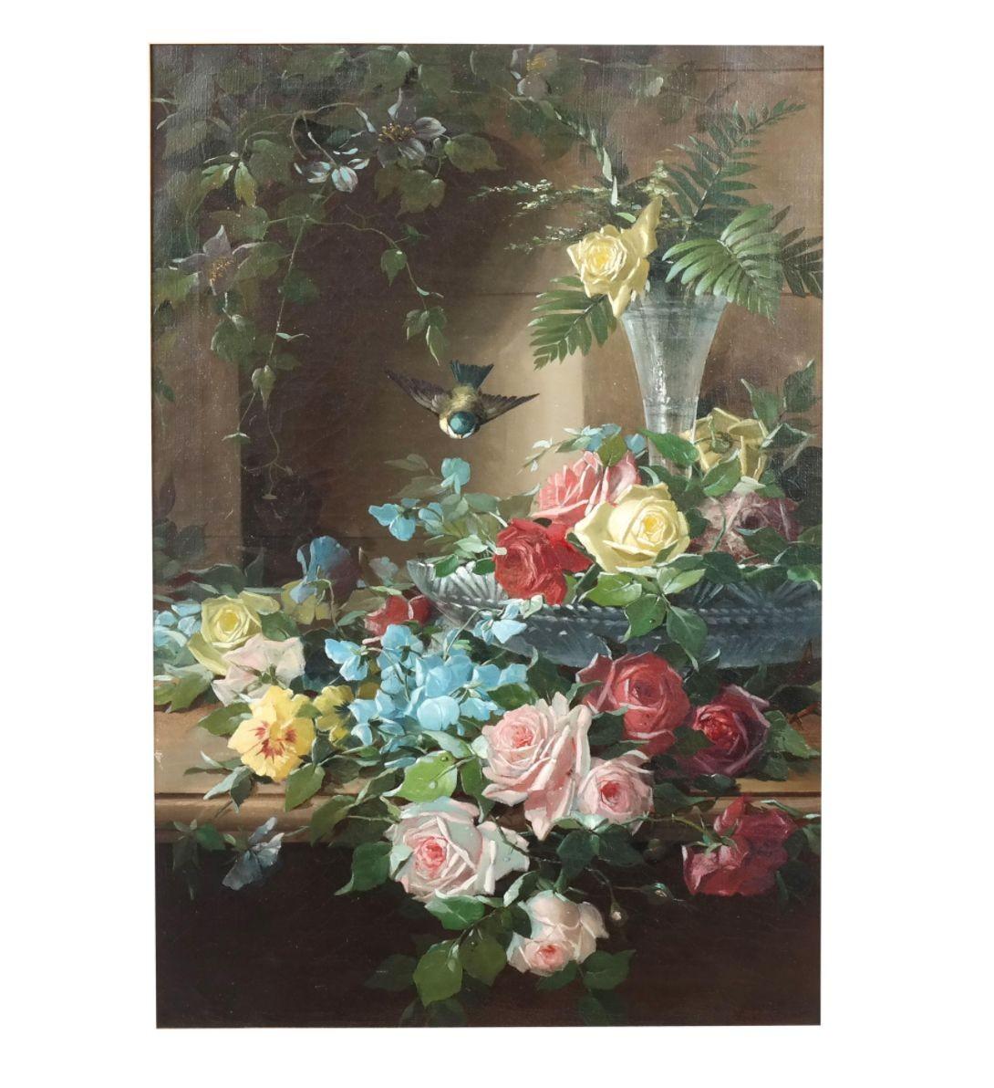Continental school still life from the Late 19th century of flowers with a vase and bird, signed 
