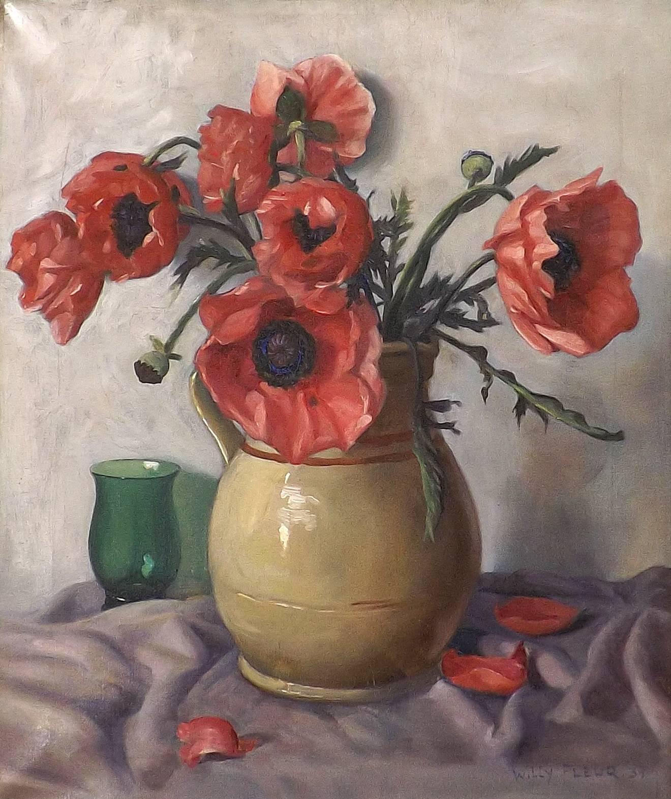A delightful bouquet of bright red poppies are arranged in an earthenware vase painted by the Dutch artist Johan Willy Fleur. Along with the vase a green glass and fallen petals rest upon a light purple cloth. 

Fleur was born in 1888 in The