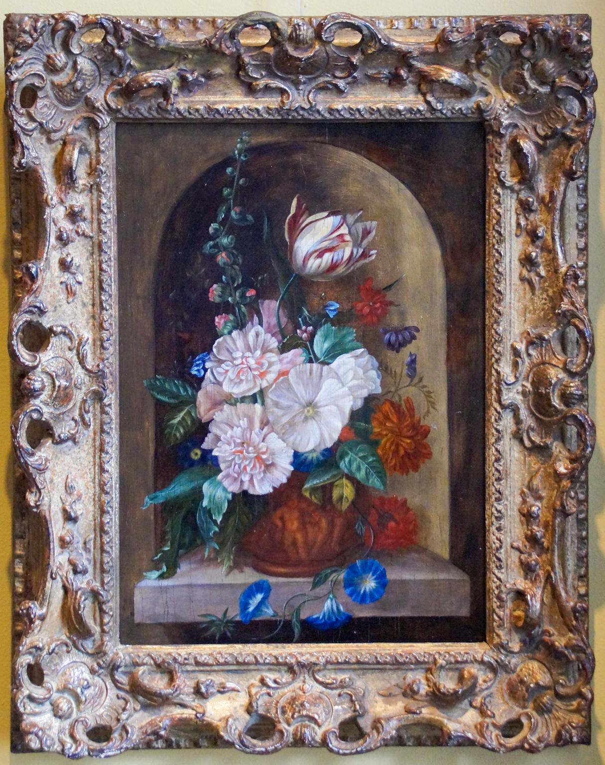 Wood Still Life with Flowers, Dutch School Painting, 18th Century