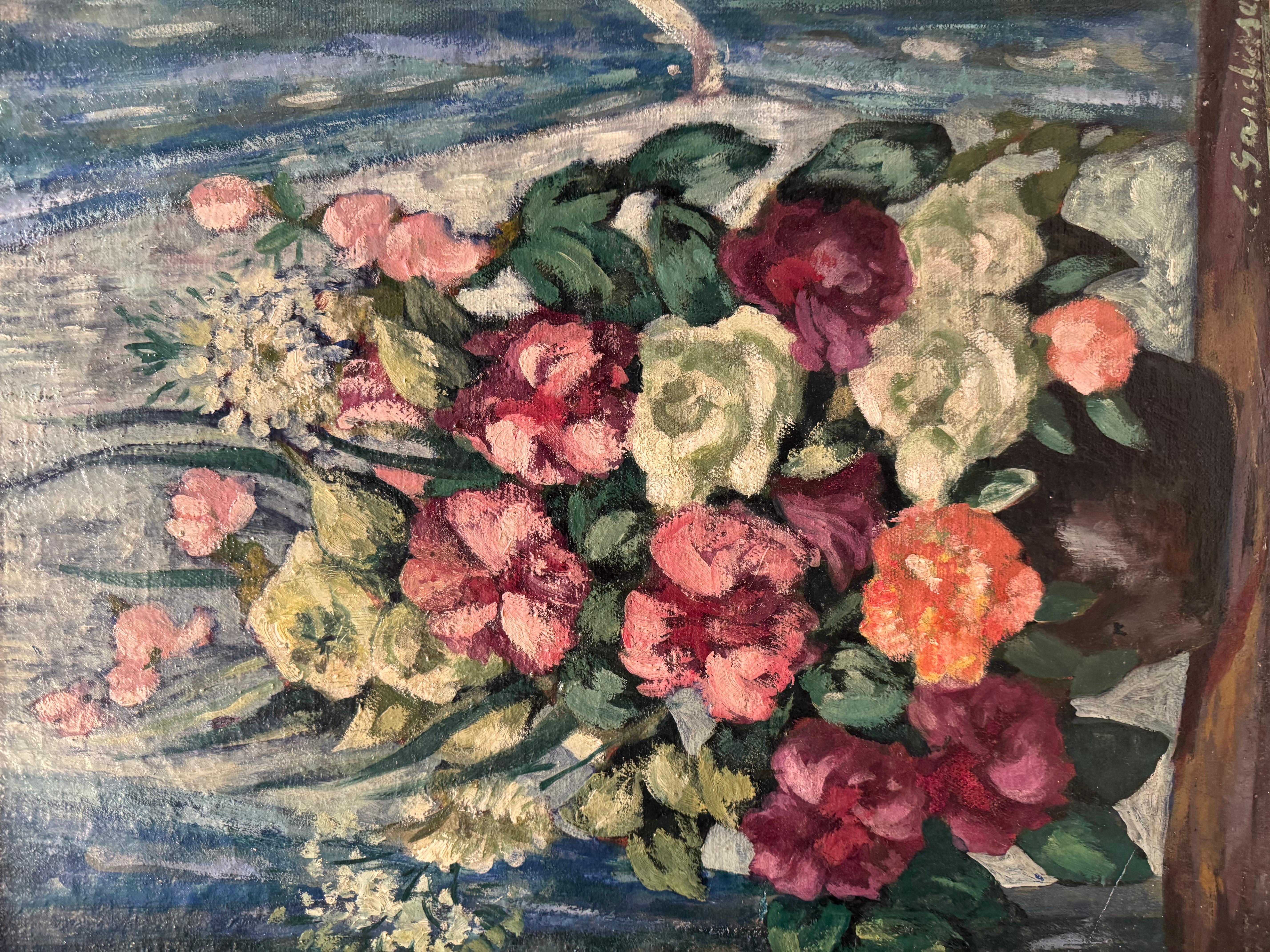 Öl auf Leinwand mit der Darstellung eines Blumenstraußes in einer Vase auf einem Gebälk. Signiert unten rechts E.GAUDISSARD. Maler, Bildhauer, Dekorateur und Tapezierer, geboren 1872 in Algier. Französische Schule. Er ist seit 1906 Mitglied der