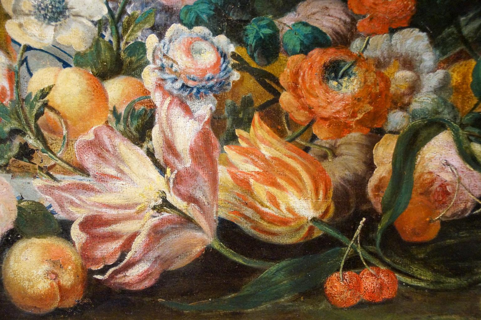 Canvas Still Life with Flowers, French School Painting, 17th Century