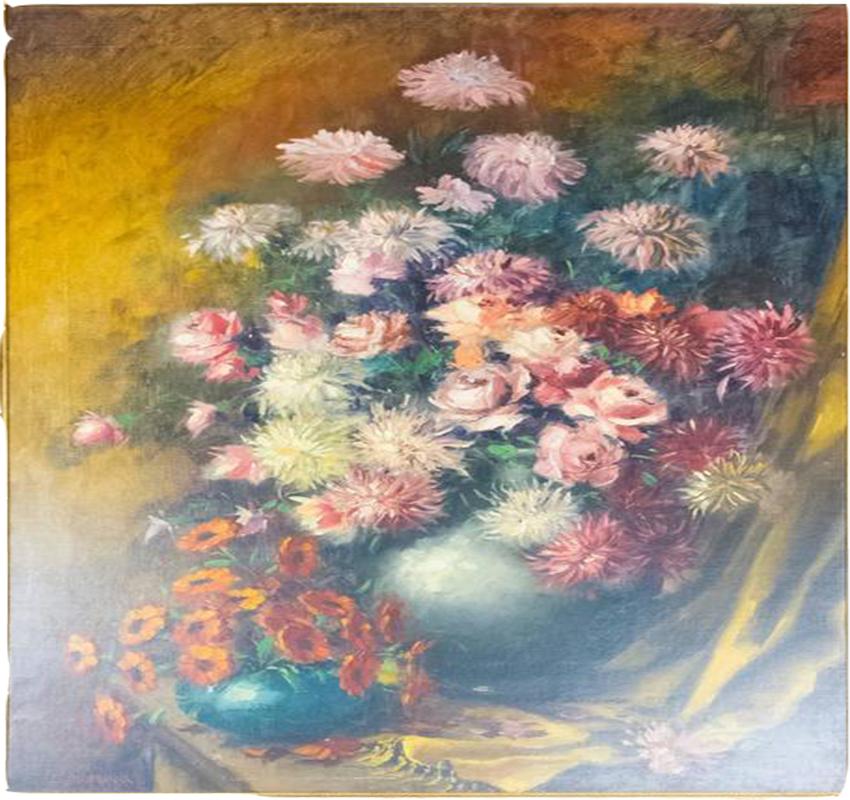 Baroque Revival Still Life with Flowers Oil on Canvas Painting Artist E. Debroux For Sale