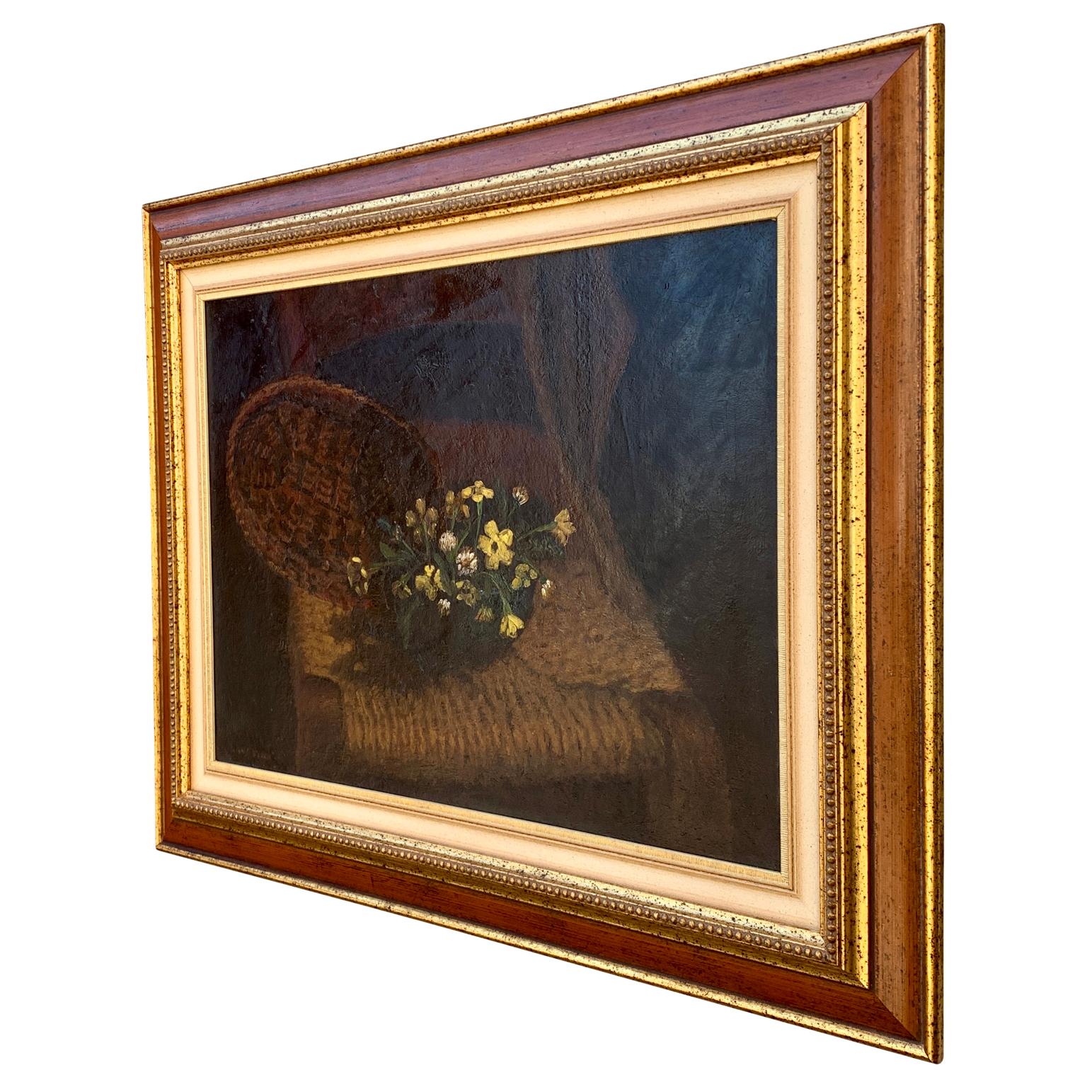 Folk Art Still Life with Flowers, Oil Painting on Canvas by American-Italian Artist For Sale