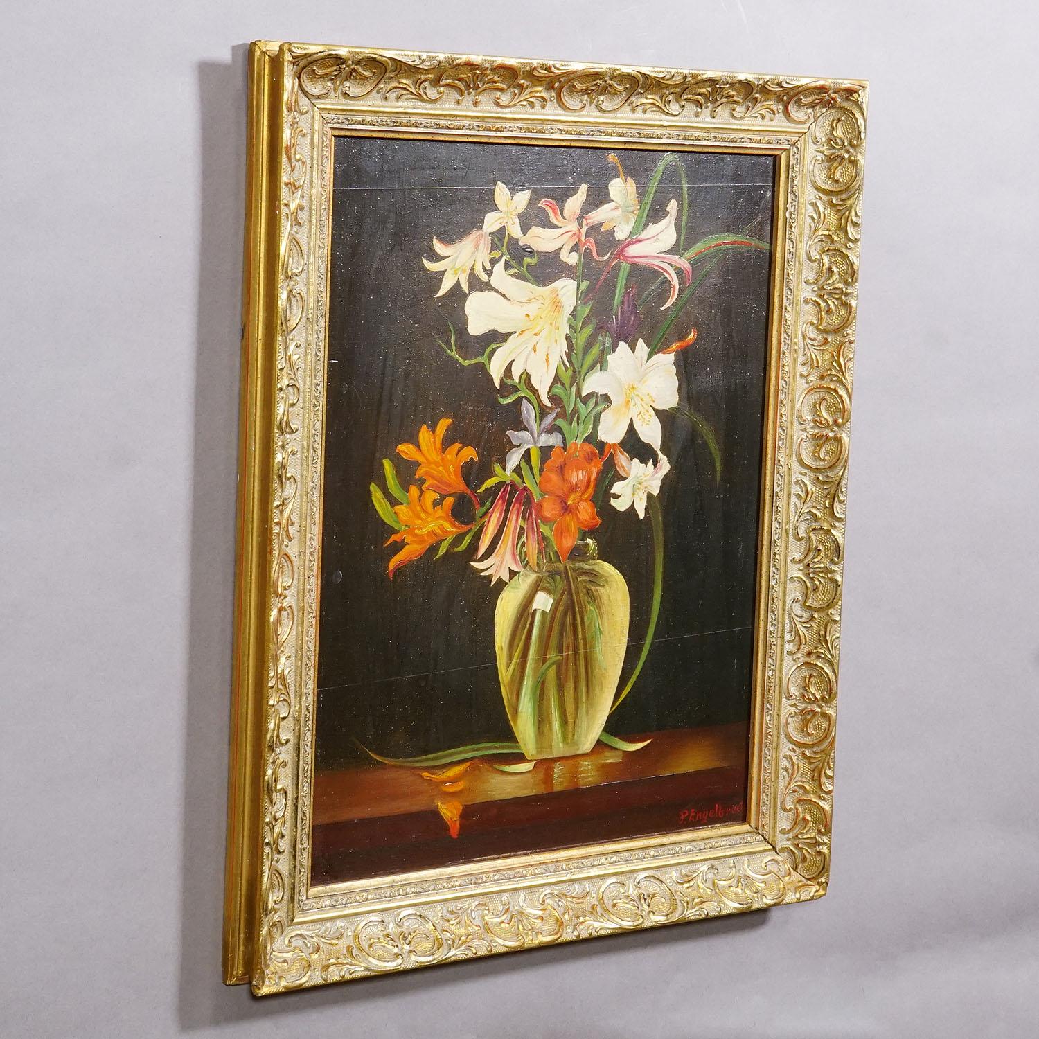 Still Life with Flowers, Oil Painting on Wood, Germany 1950s

An impressive still life depicting a bouquet of various flowers in a glass vase. Painted in oil on wood with pastel colors and framed in an ornate, carved and decorated gold-colored
