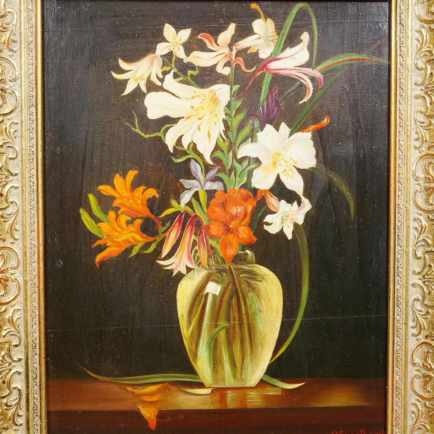Country Still Life with Flowers, Oil Painting on Wood, Germany 1950s For Sale