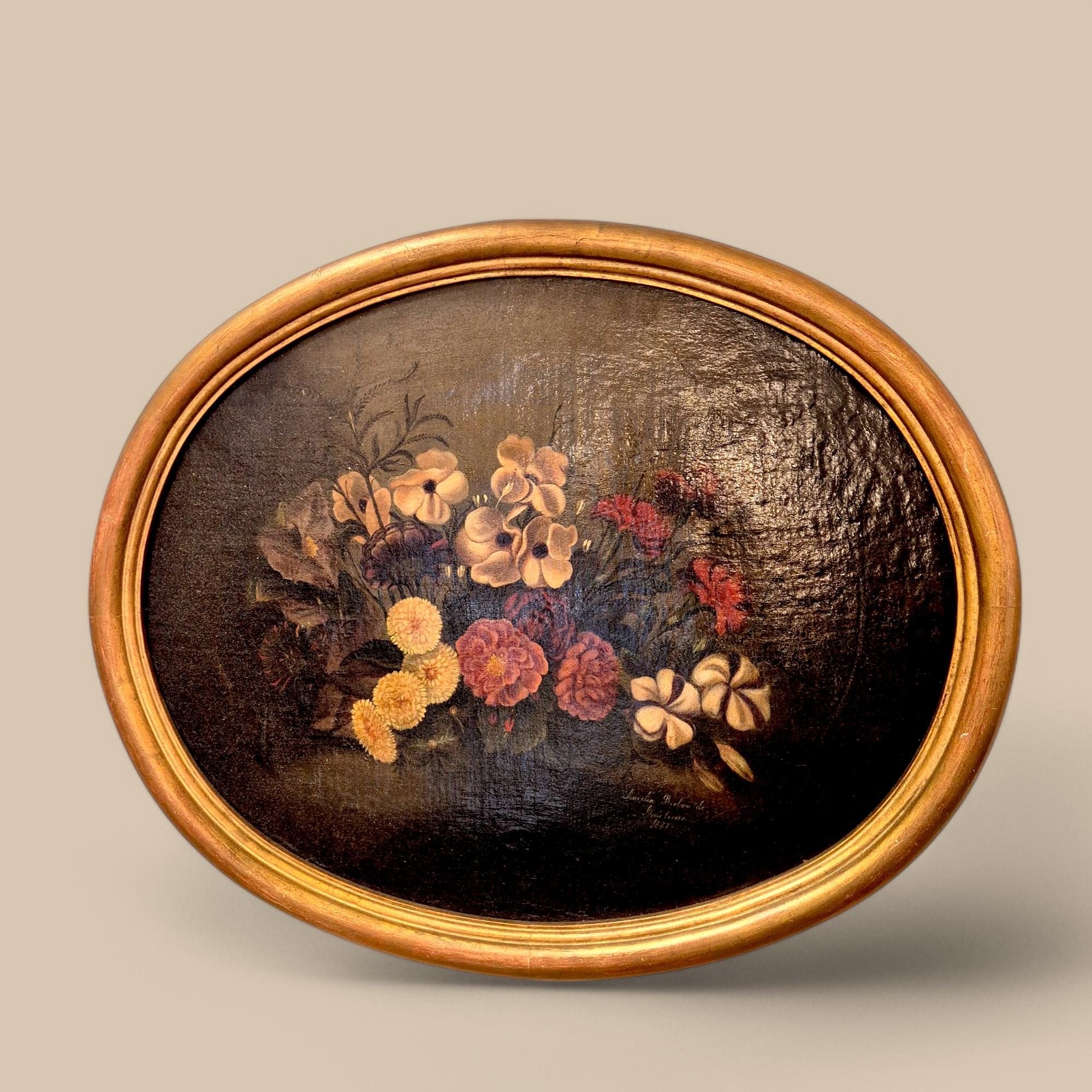 Stilleben mit Blumen, signiert von der Künstlerin Aurelia Riolso De Mortimer, datiert 1887.  Schöne, glänzende Patina und charakteristische Craquelébildung. Originaler ovaler Tondo-Rahmen. Das Gemälde wurde von unserem professionellen Restaurator