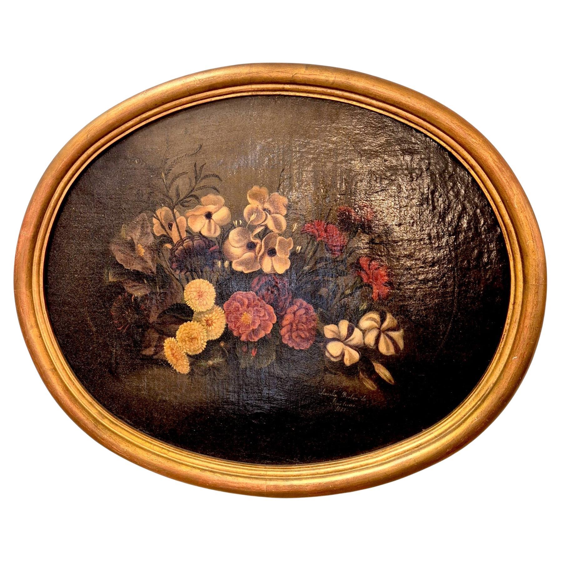 Nature morte aux fleurs, signée Aurelia Riolso De Mortimer, huile sur toile, 1887