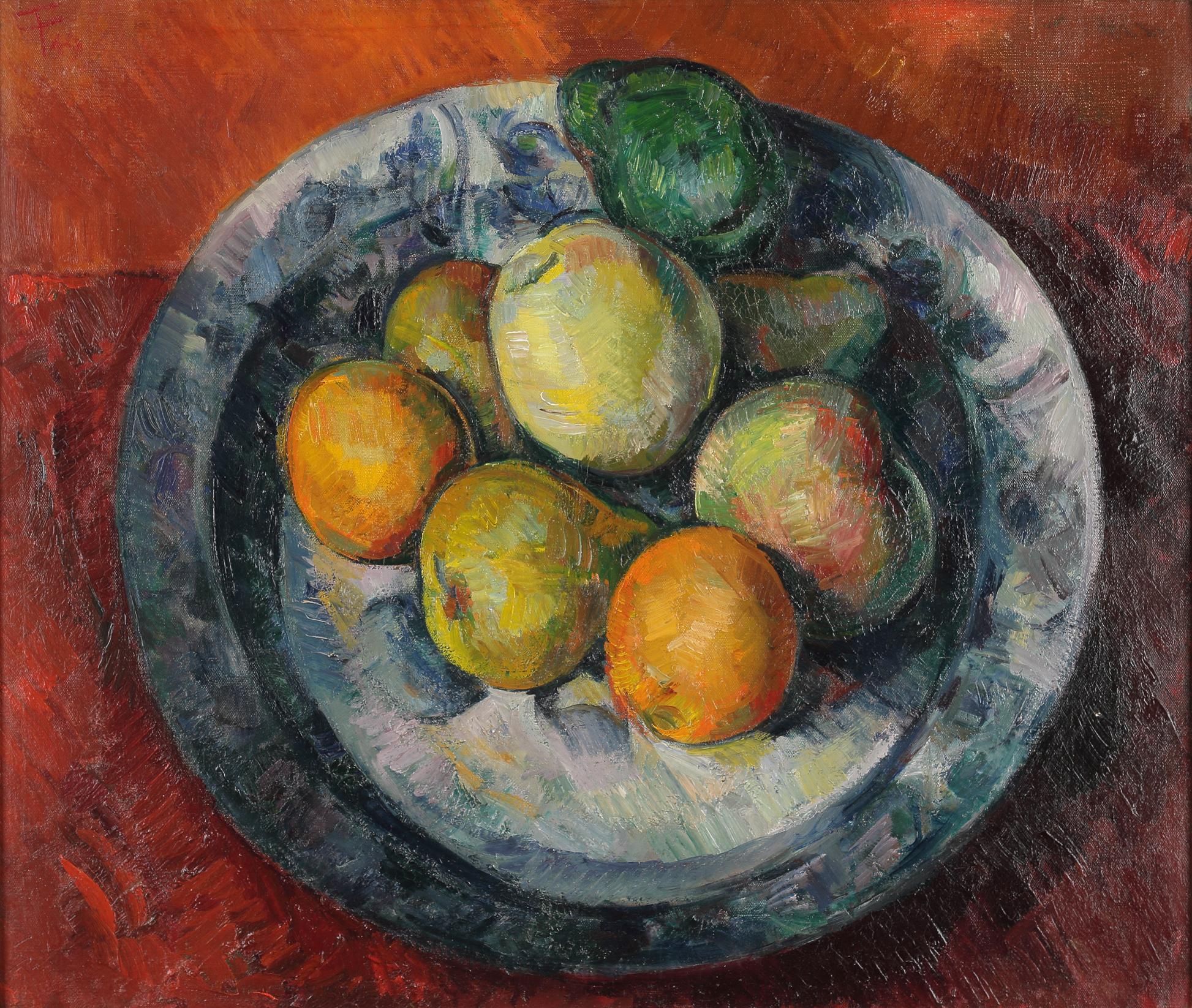 Paul Feiler (Regno Unito, 1918 - 2013) 
Natura morta con frutta 
Olio su tela 
1949

Dimensioni: 43 cm di altezza, 51 cm di larghezza - 17 ins di altezza, 20 ins di larghezza 
Telaio: 59,5 cm di altezza, 66,5 cm di profondità - 23½ ins di altezza,